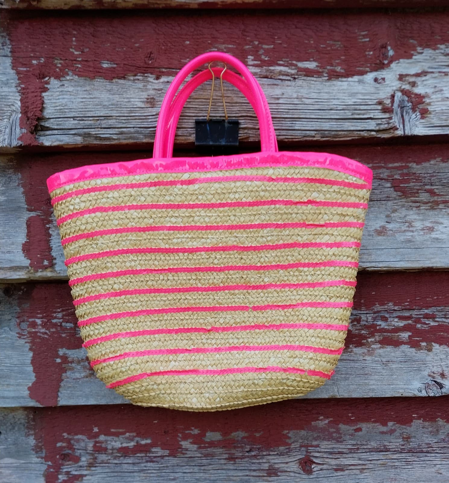 Straw Purse With Pink Sequins And Double Handle. Medium Size - Thumbnail 2