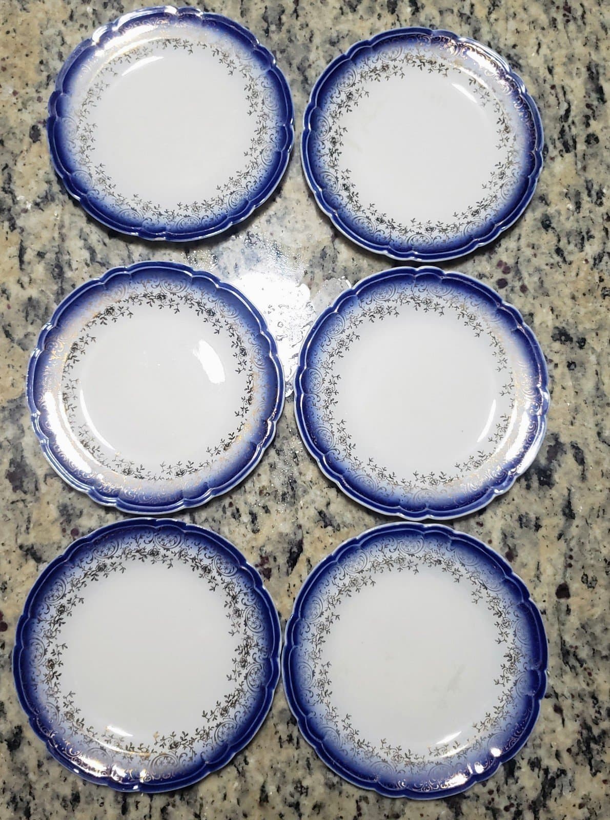 6 French Saxon 6.5" Plates-Flow Blue with 22kt. Gold accent - Image 1