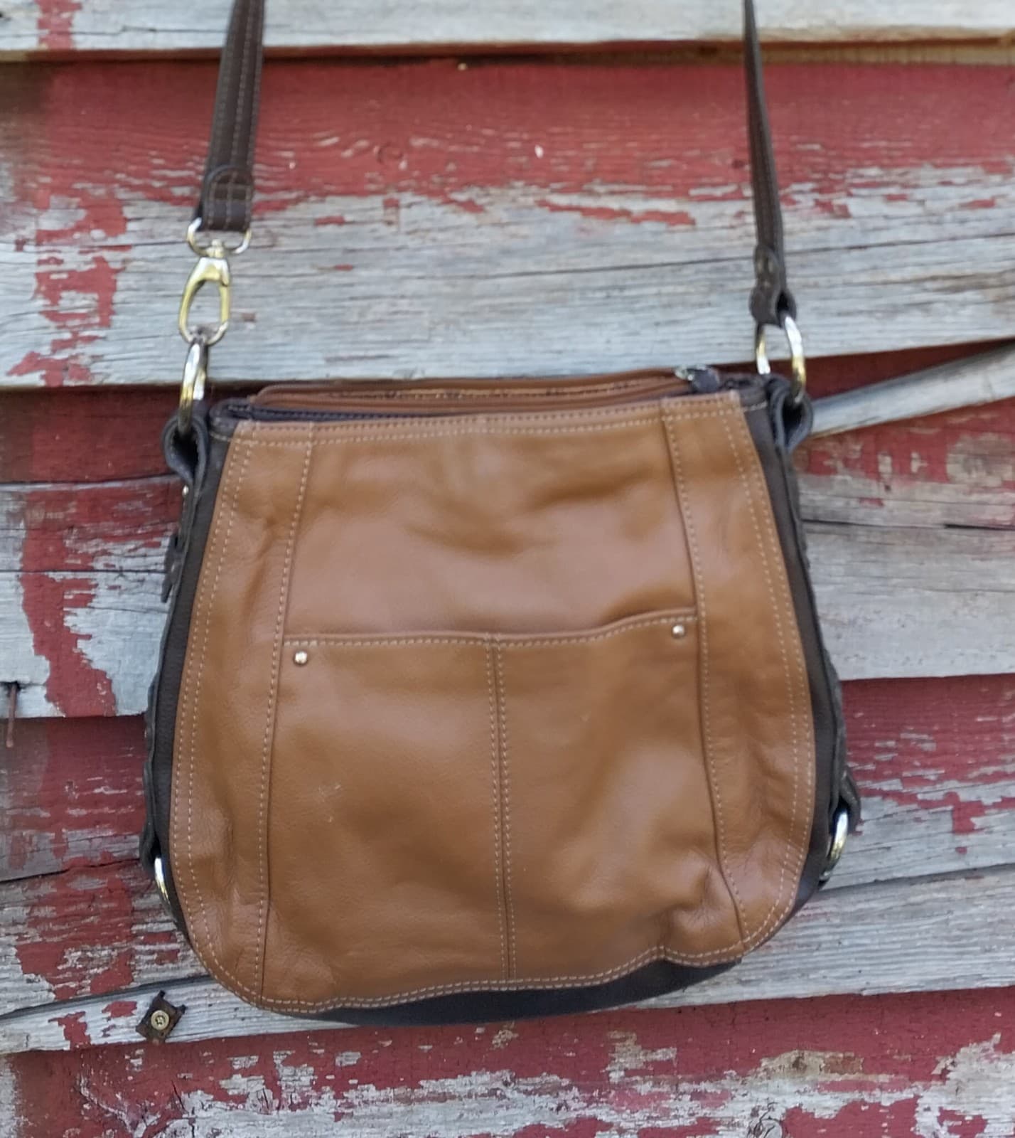 Vtg Tignanello Camel Brown Leather Crossbody Bag Medium Zipper Lined Soft - Thumbnail 5