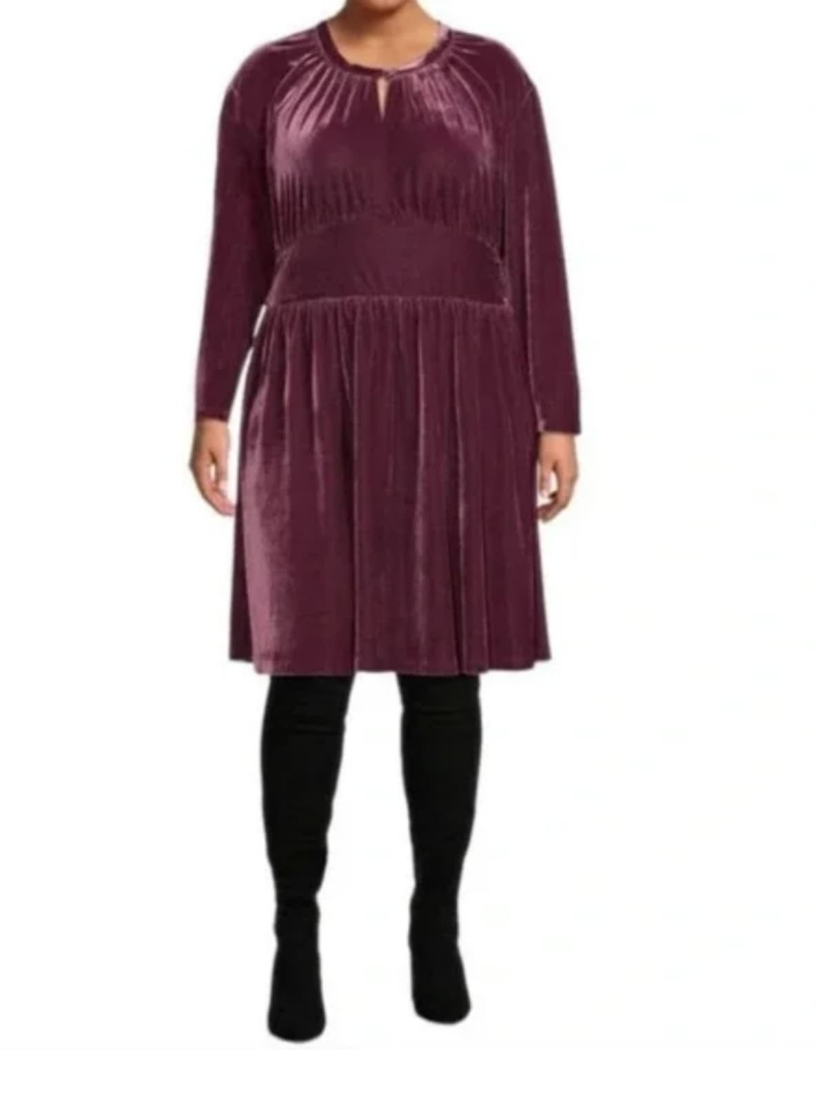 Terra & Sky Women's Plus Size Keyhole Velvet Dress Crushed Plum Size 1X - Image 1
