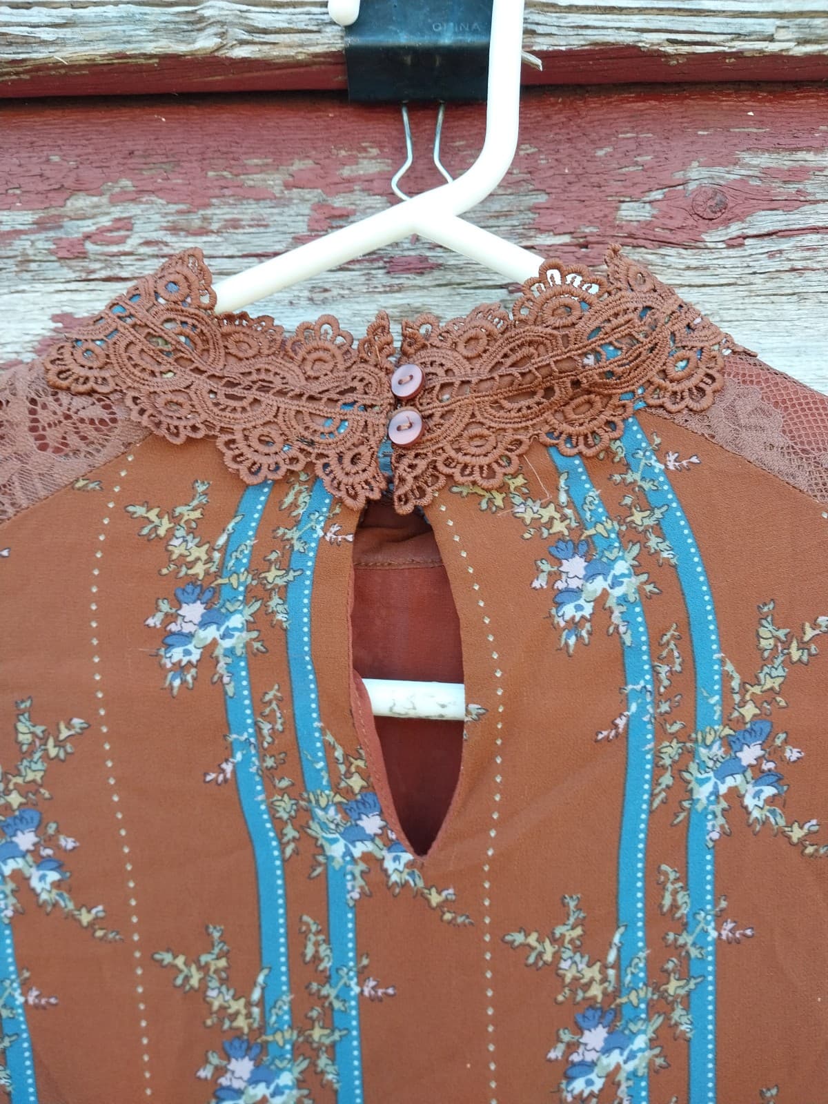 Hazel Hazel High Neck Lace Eyelet Floral Brown Blouse Women’s Size Small - Thumbnail 4