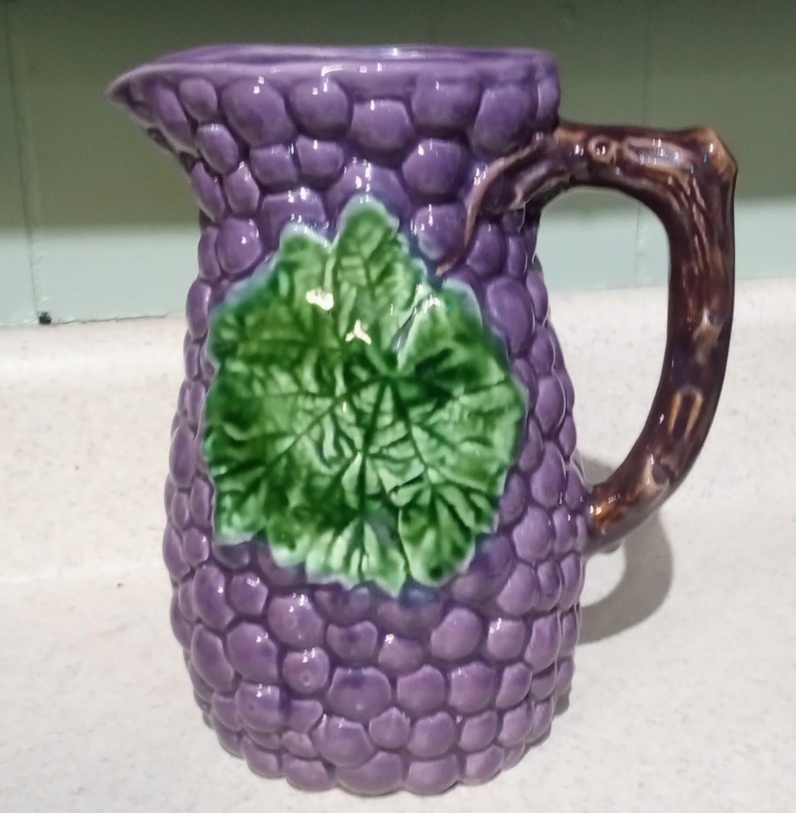 Majolica Purple Grape and Green Leaf Pitcher Jay Willfred Div of Andrea by Sadek - Image 1