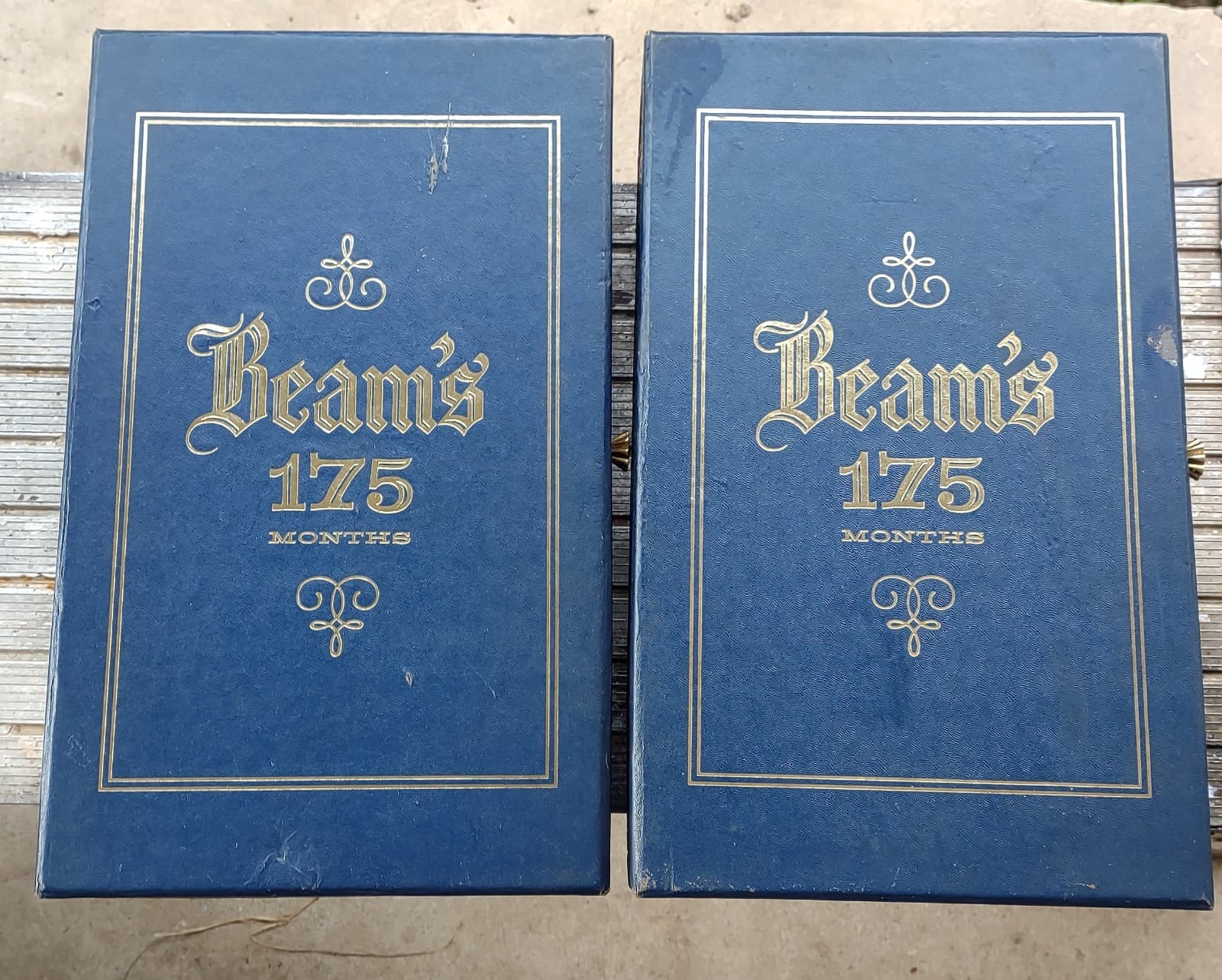 2 Jim Beam 175 Months Boxes Of Gold Cobalt Blue Decanters Liquor Bottles Empty - Image 1