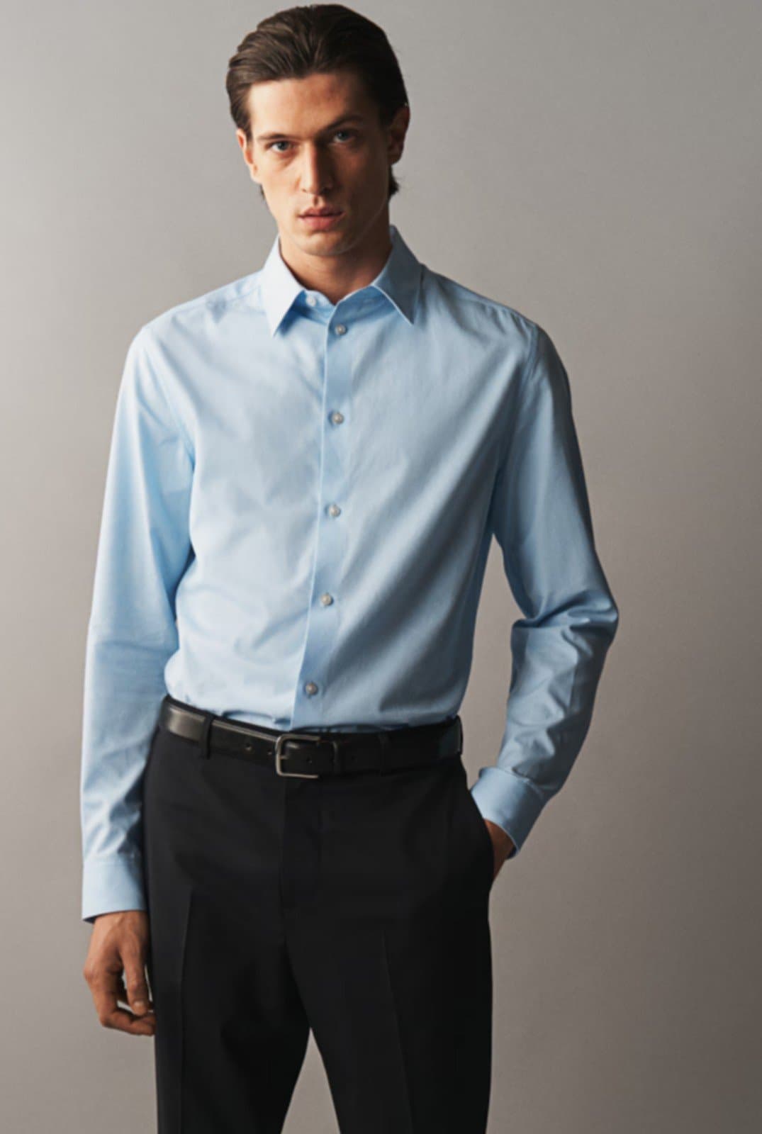 H&M Slim Fit Pima Cotton Shirt. Color: Baby Blue - Image 1