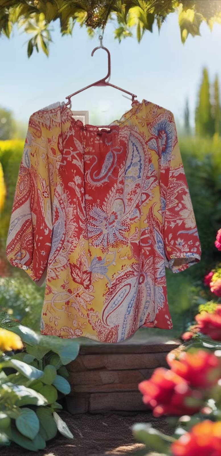 CHAPS by Ralph Lauren Multicolor Floral Gathered Neck Blousom Large Top - Thumbnail 2