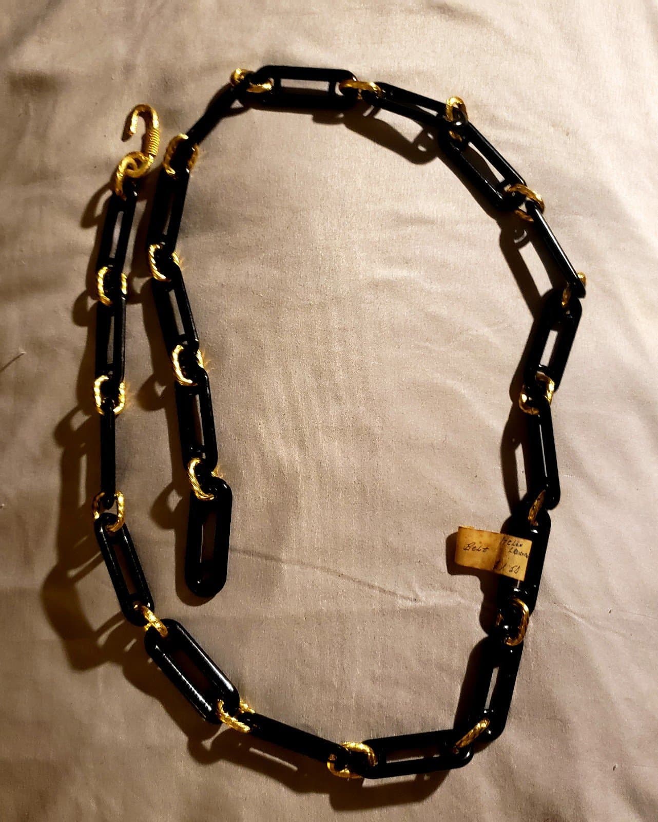 1970s Classic Accessory, Gold/Black Lucite Link Belt. 38" - Image 1