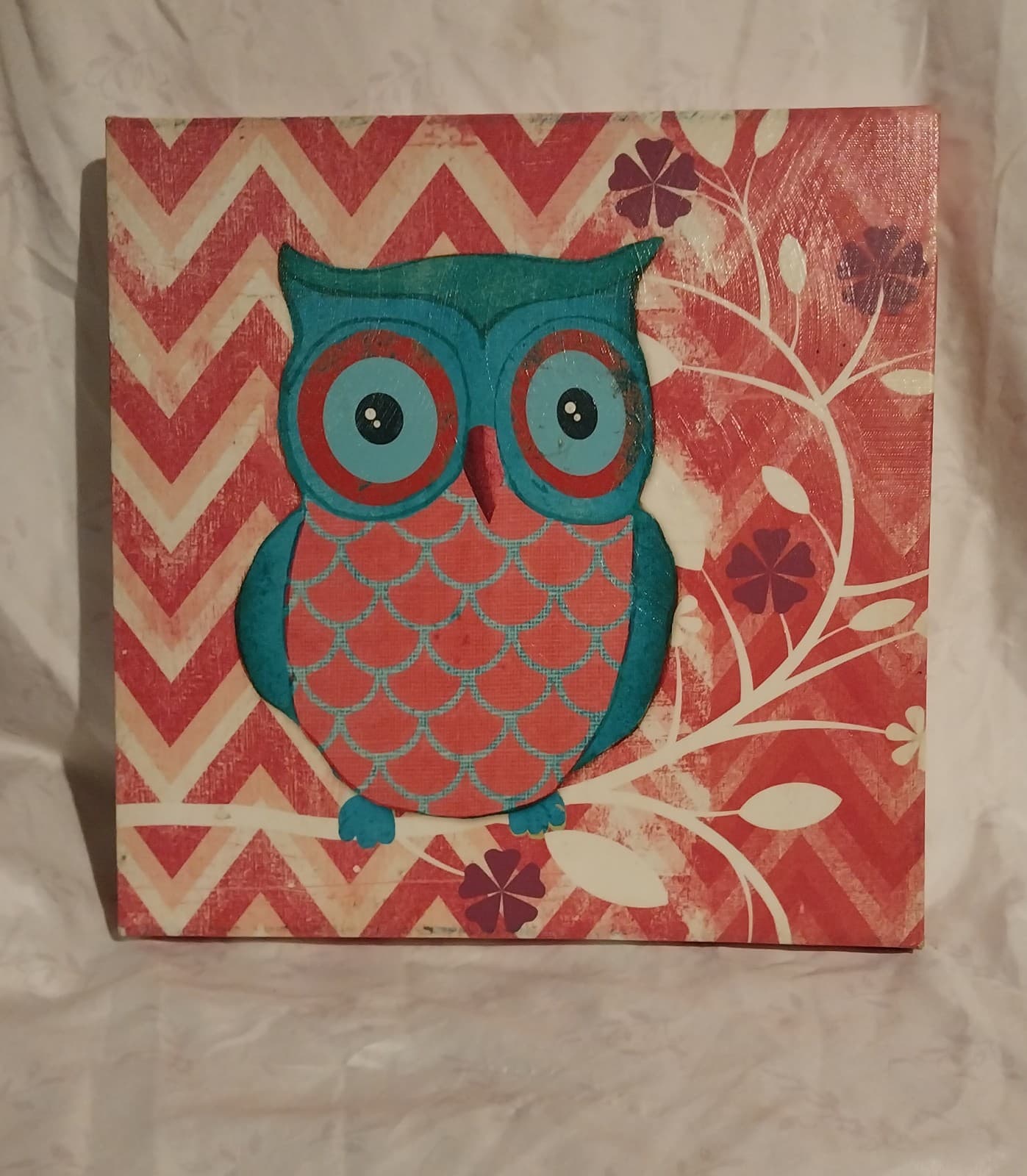 Owl Painted Canvas, Wall Art, 12x12, Multi Color. - Image 1