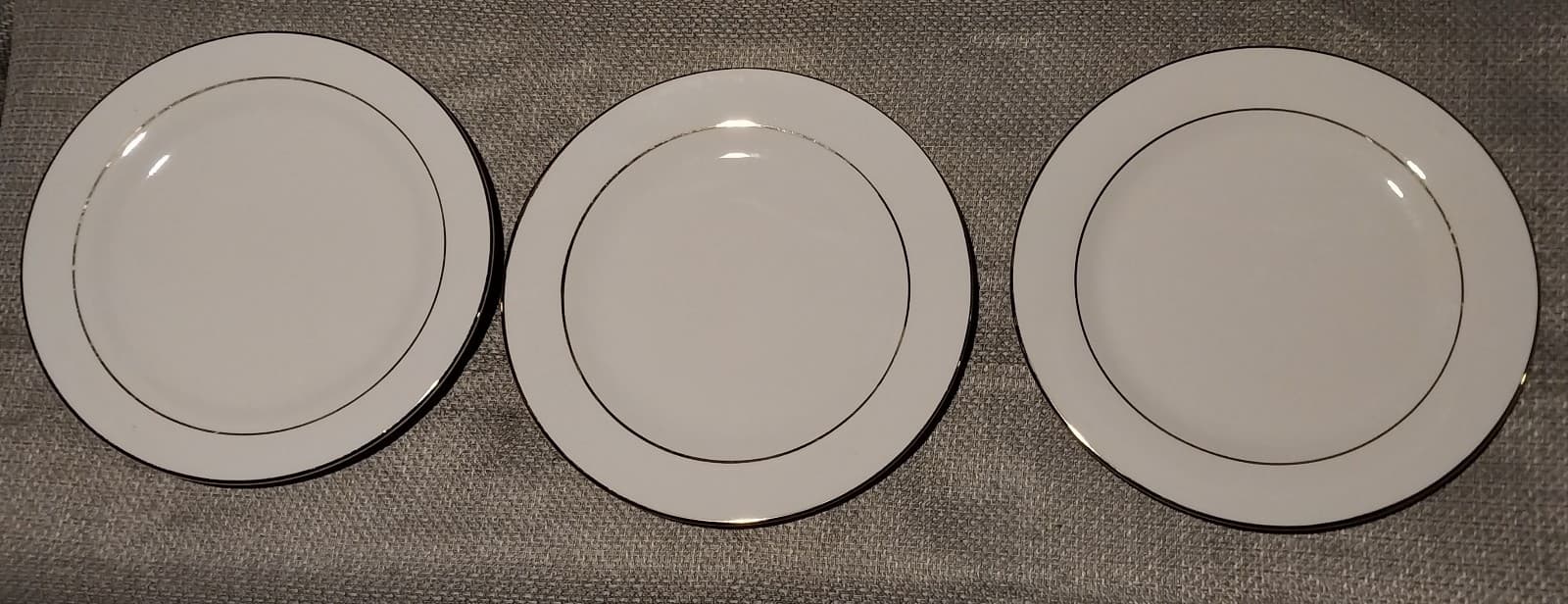 3 White China Dinnerware with gold bands. 3 EP Excellent Plates. 10.5" - Image 1