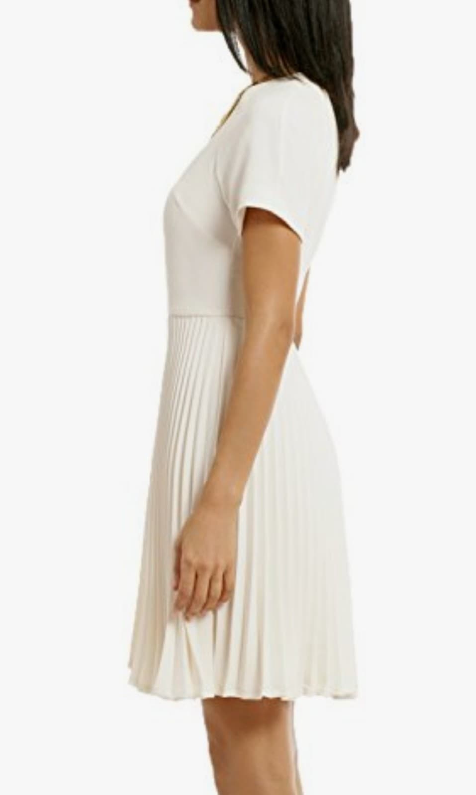 WOOSEA Off White Color Elegant Pleated Short Sleeves Cocktail Party Swing Dress - Thumbnail 2