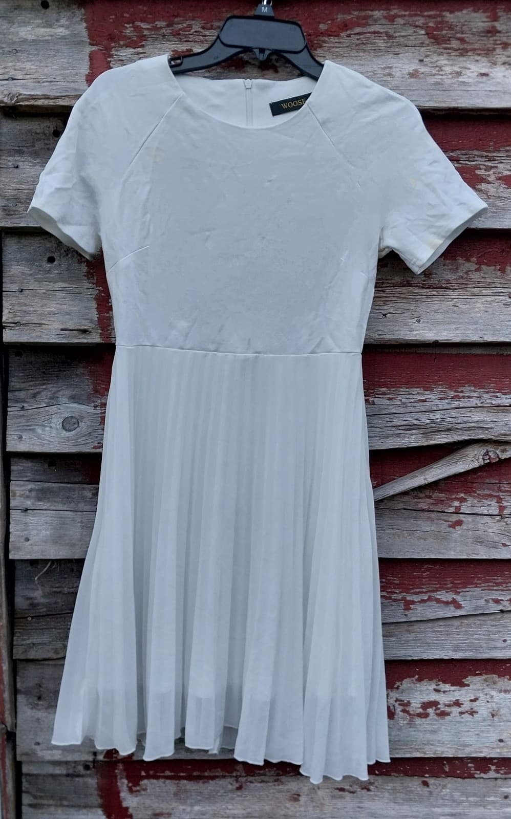 WOOSEA Off White Color Elegant Pleated Short Sleeves Cocktail Party Swing Dress - Thumbnail 4