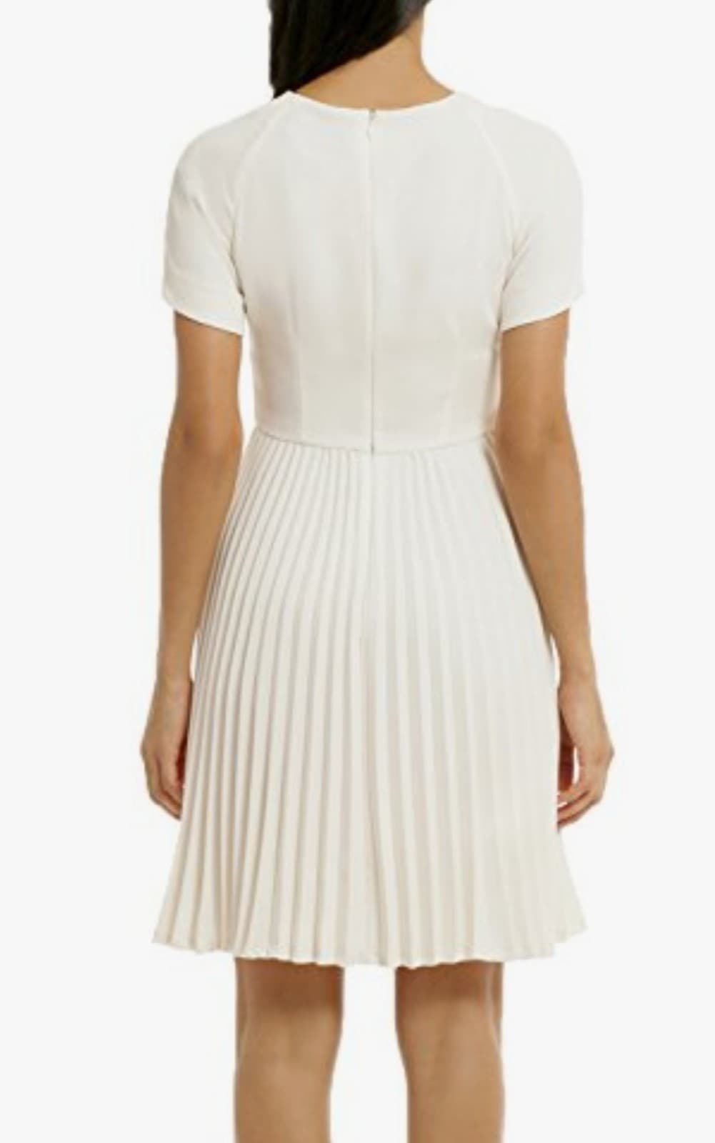 WOOSEA Off White Color Elegant Pleated Short Sleeves Cocktail Party Swing Dress - Thumbnail 3