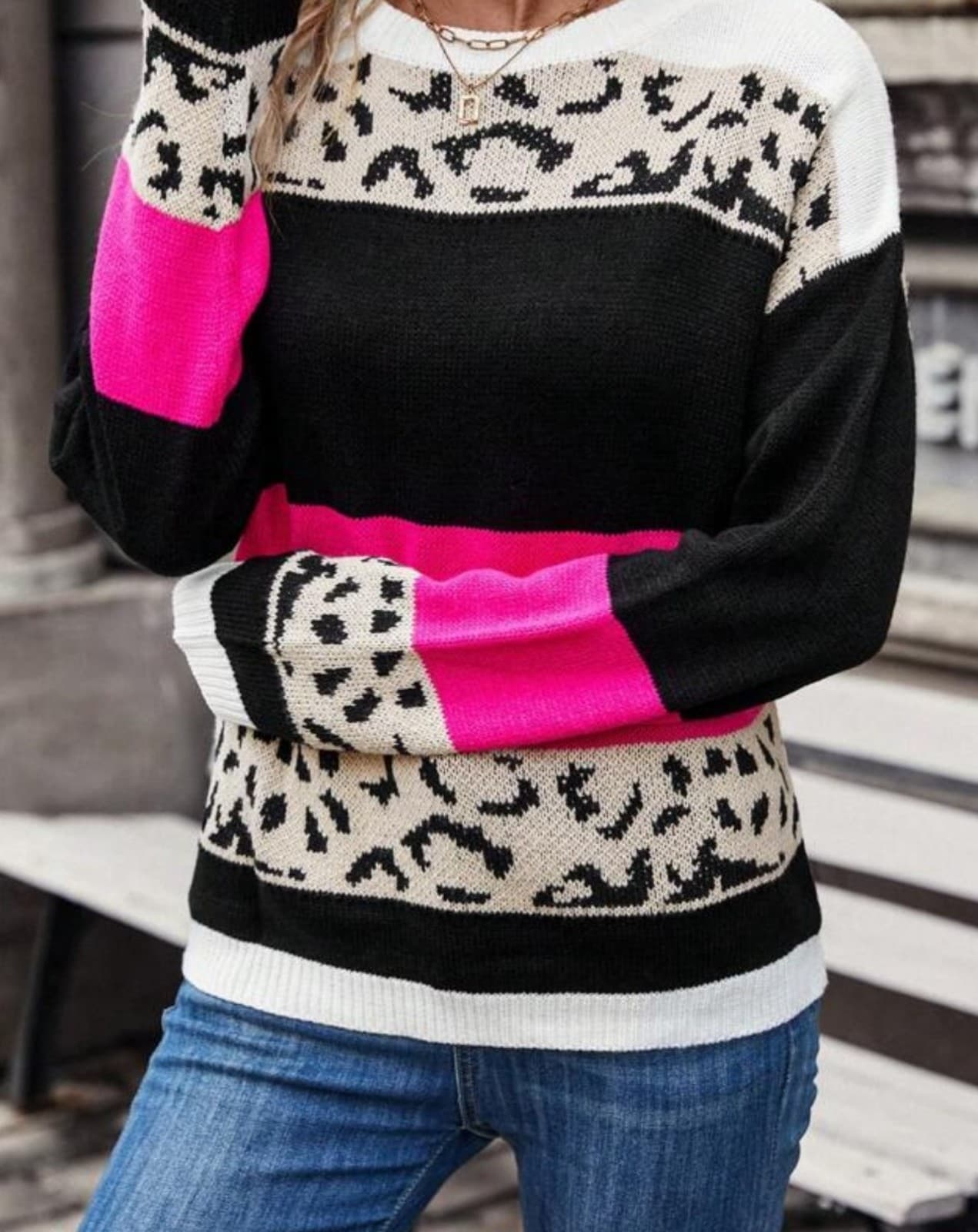 Shein Leopard Pattern Colorblock Drop Shoulder Sweater Knit. Size Small - Image 1