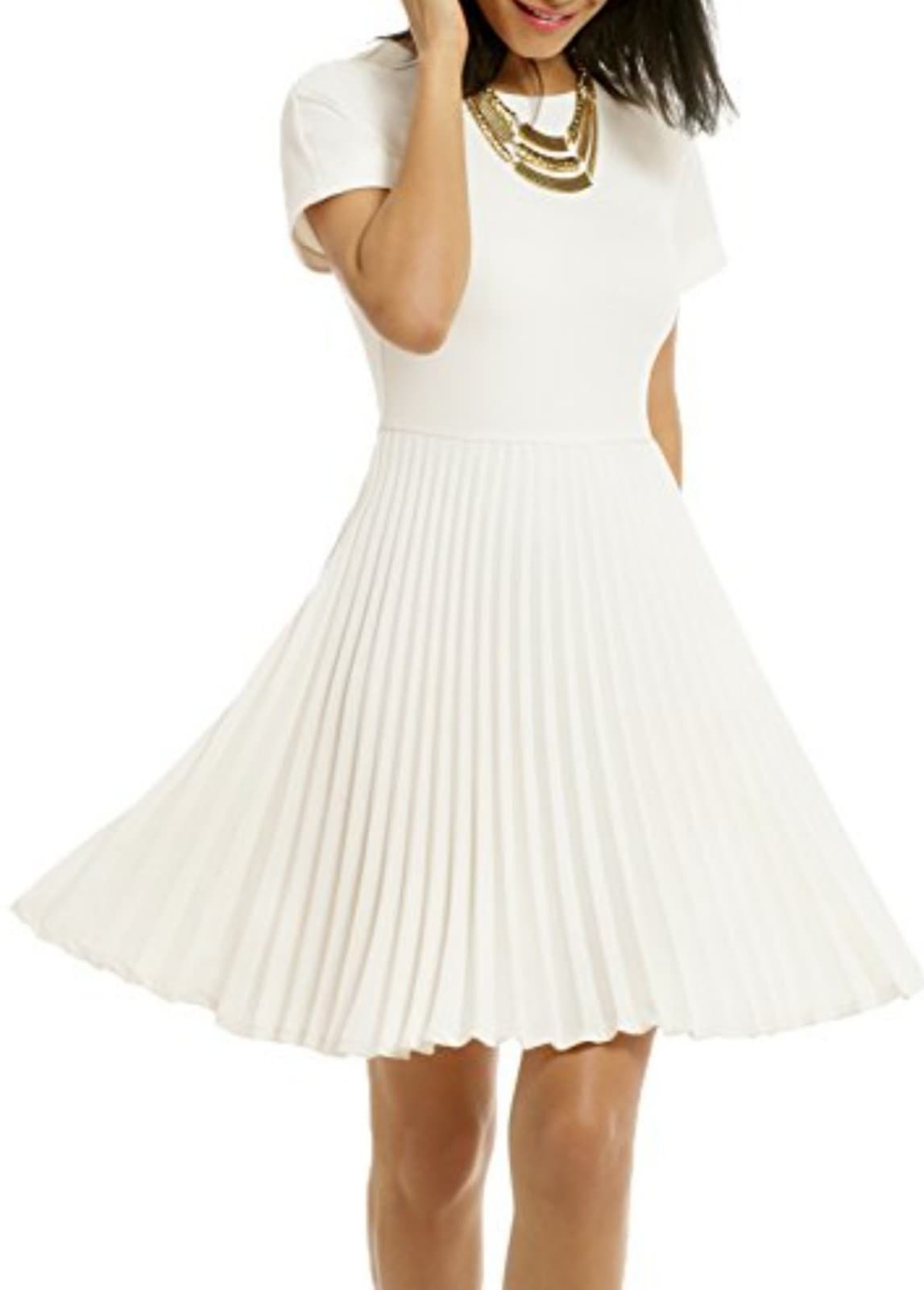 WOOSEA Off White Color Elegant Pleated Short Sleeves Cocktail Party Swing Dress - Image 1