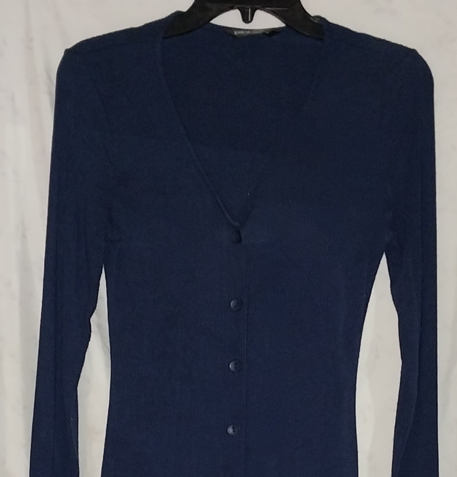 Shein V-Neck Long Sleeve Wide Rib Long Cardigan Midnight Blue/Buttons - Thumbnail 2