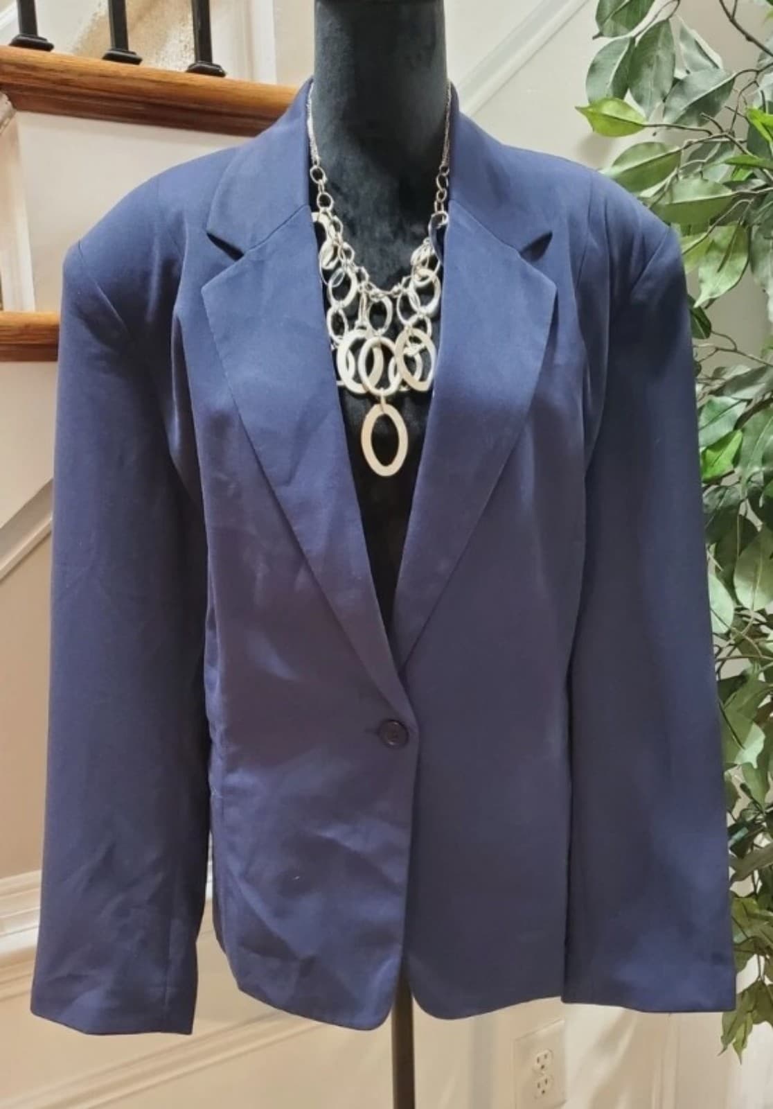 Ashley Stewart Women Blue Solid Rayon Long Sleeve Blazer Size 28 - Image 1