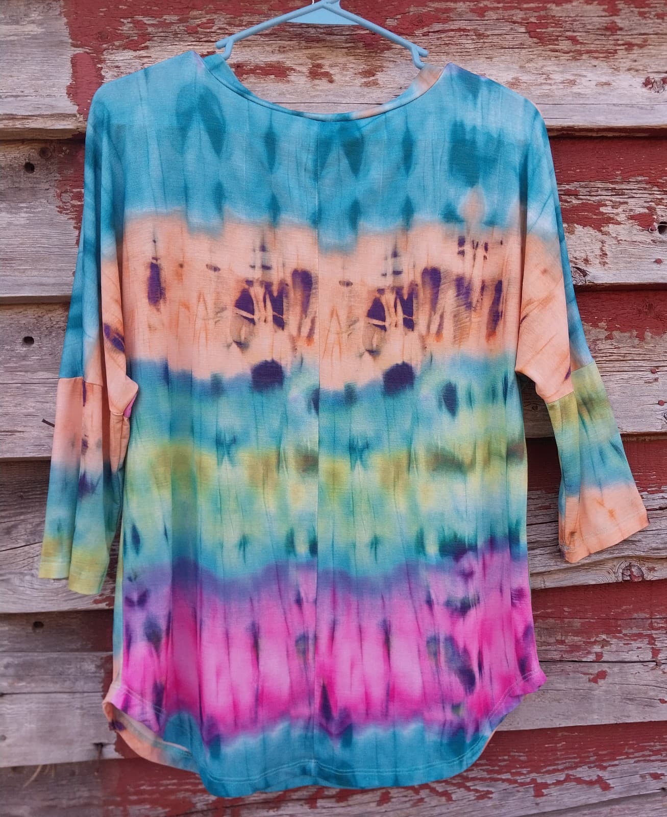 Flamingo Tie Dye Women's V Neck Shirt 3/4 Sleeve - Thumbnail 4