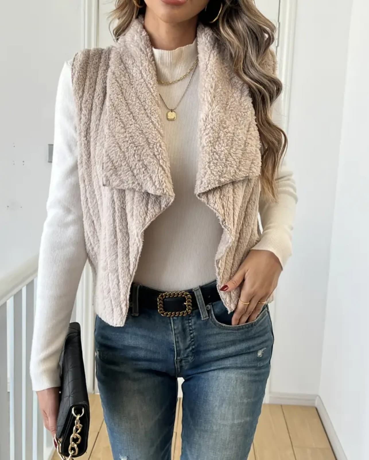 Shein Elegant Flannel Waterfall Collar Vest - Sleeveless, Open Front,Size Medium - Image 1