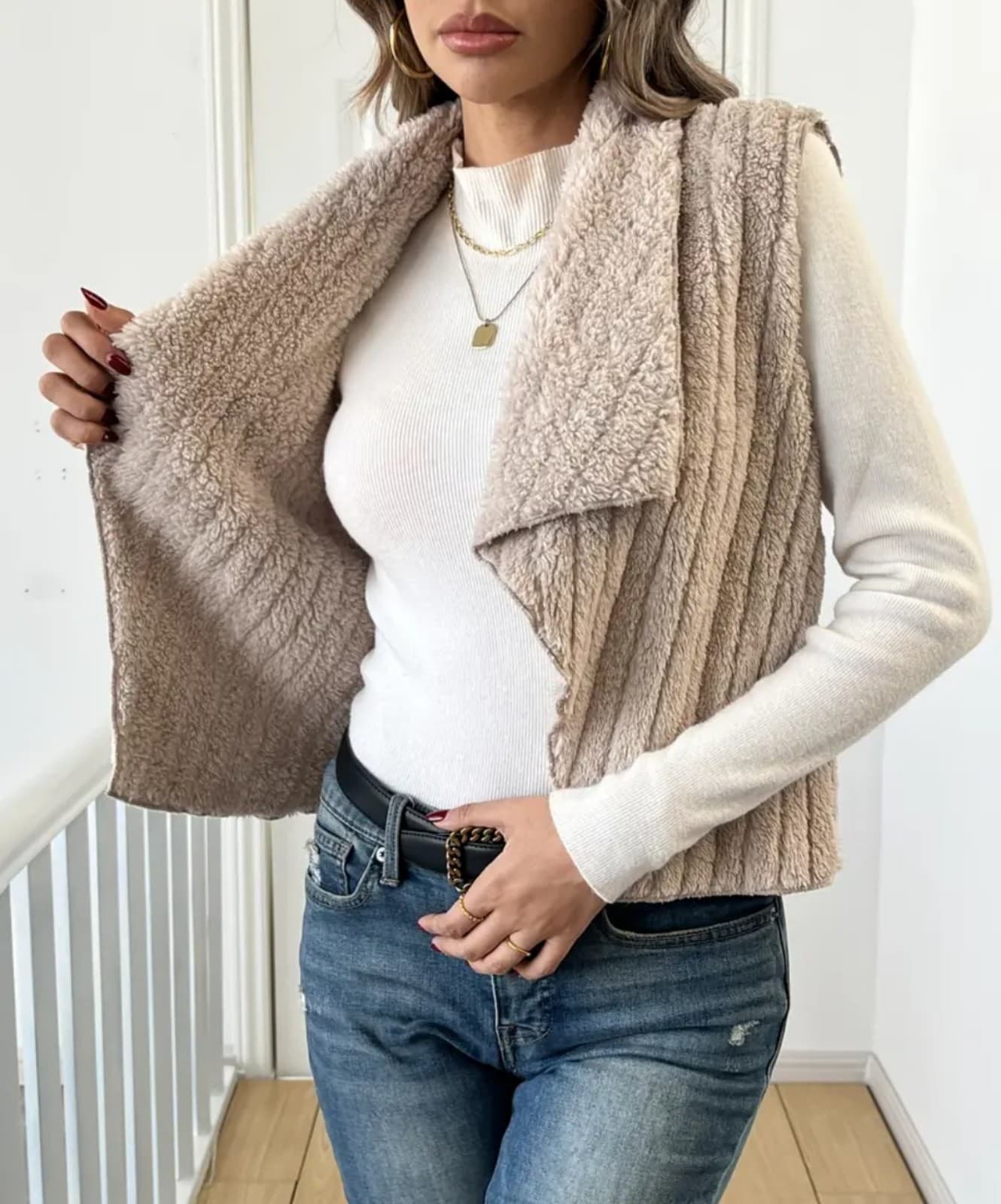 Shein Elegant Flannel Waterfall Collar Vest - Sleeveless, Open Front,Size Medium - Thumbnail 2