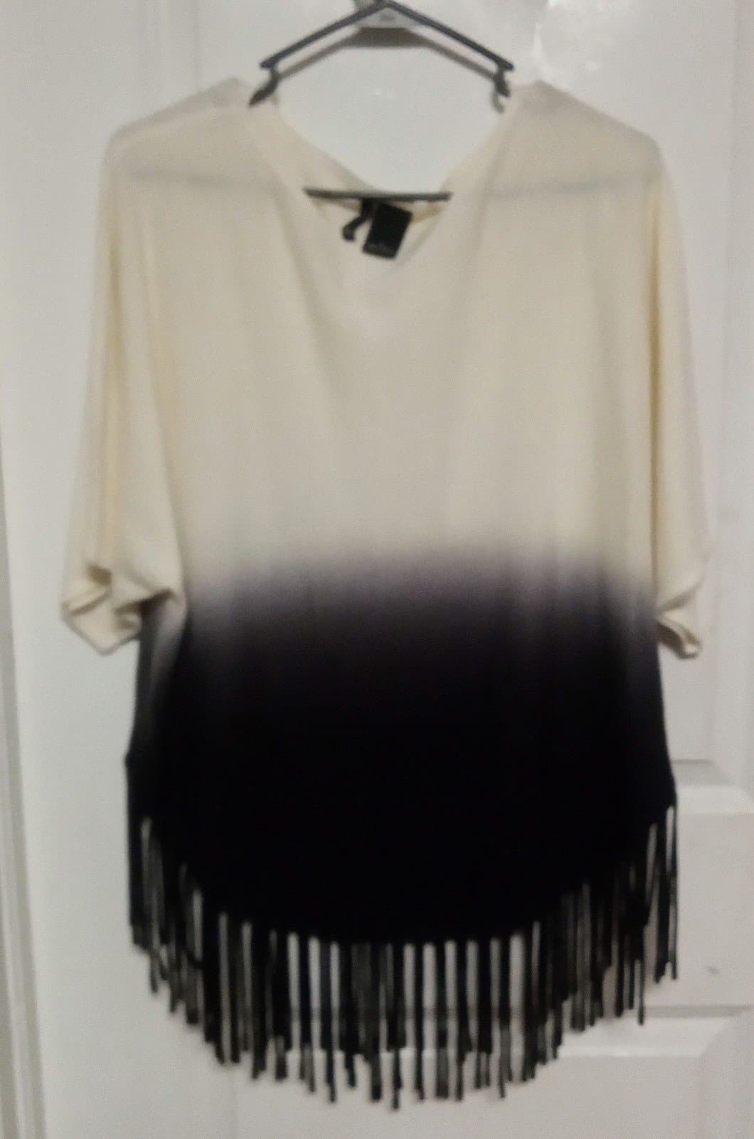 New Directions Women’s L Top White & Black Blue Tassel Fringe - Image 1