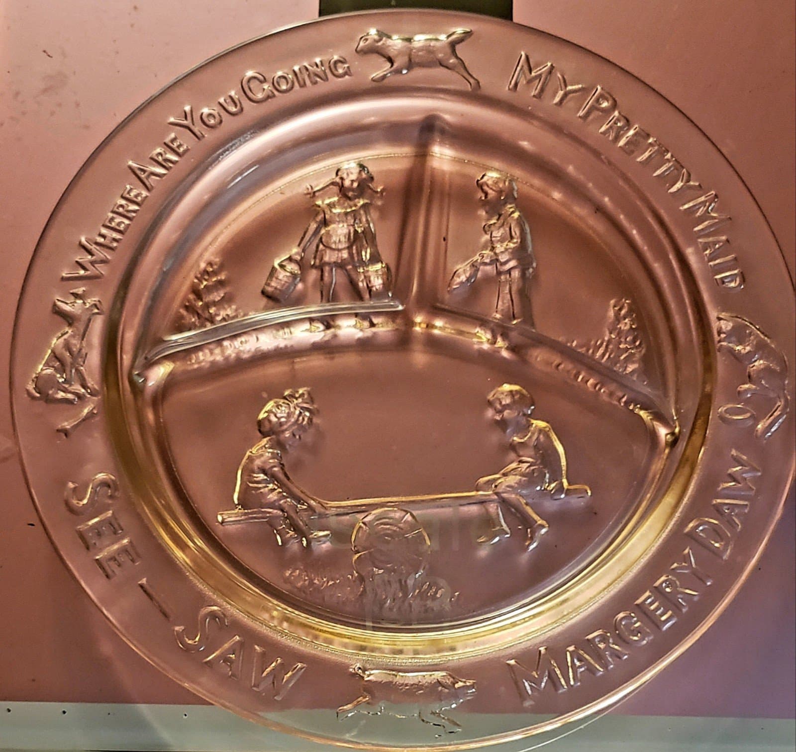 Nursery Rhyme Pink Glass See-Saw Margery Daw My Pretty Maid Divided Plate. 8.5" - Image 1