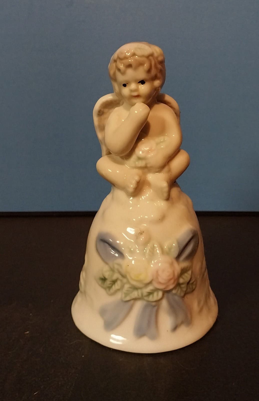 Angel Baby Cherub Bell Vintage 5" White Cream Blue Ceramic - Image 1