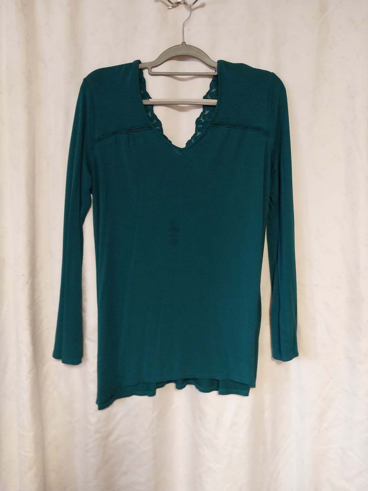 Vintage Faded Glory Women's Teal Green Back Tie Lace Neck Blouse - Thumbnail 2