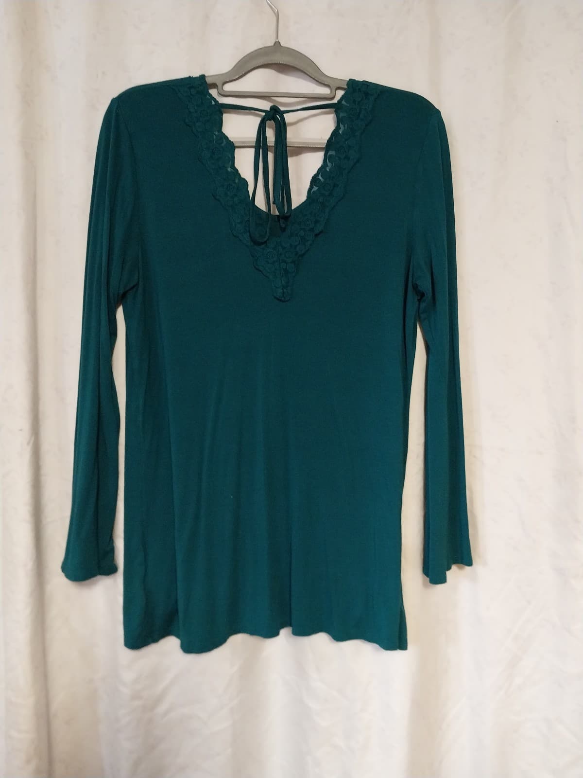 Vintage Faded Glory Women's Teal Green Back Tie Lace Neck Blouse - Image 1