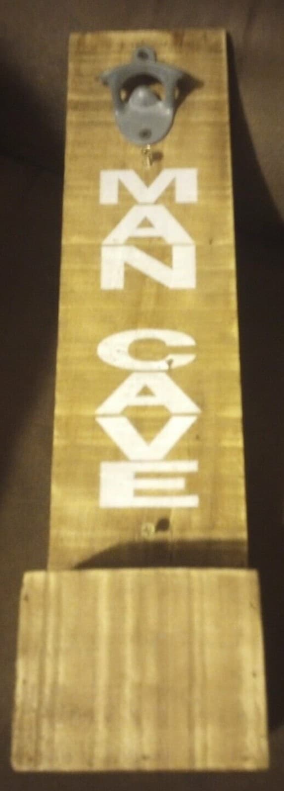 Wooden Man Cave Sign With Metal Bottle Opener & Bottle Cap Storage 17.75" Tall - Thumbnail 2