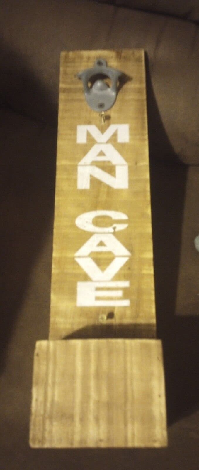 Wooden Man Cave Sign With Metal Bottle Opener & Bottle Cap Storage 17.75" Tall - Image 1