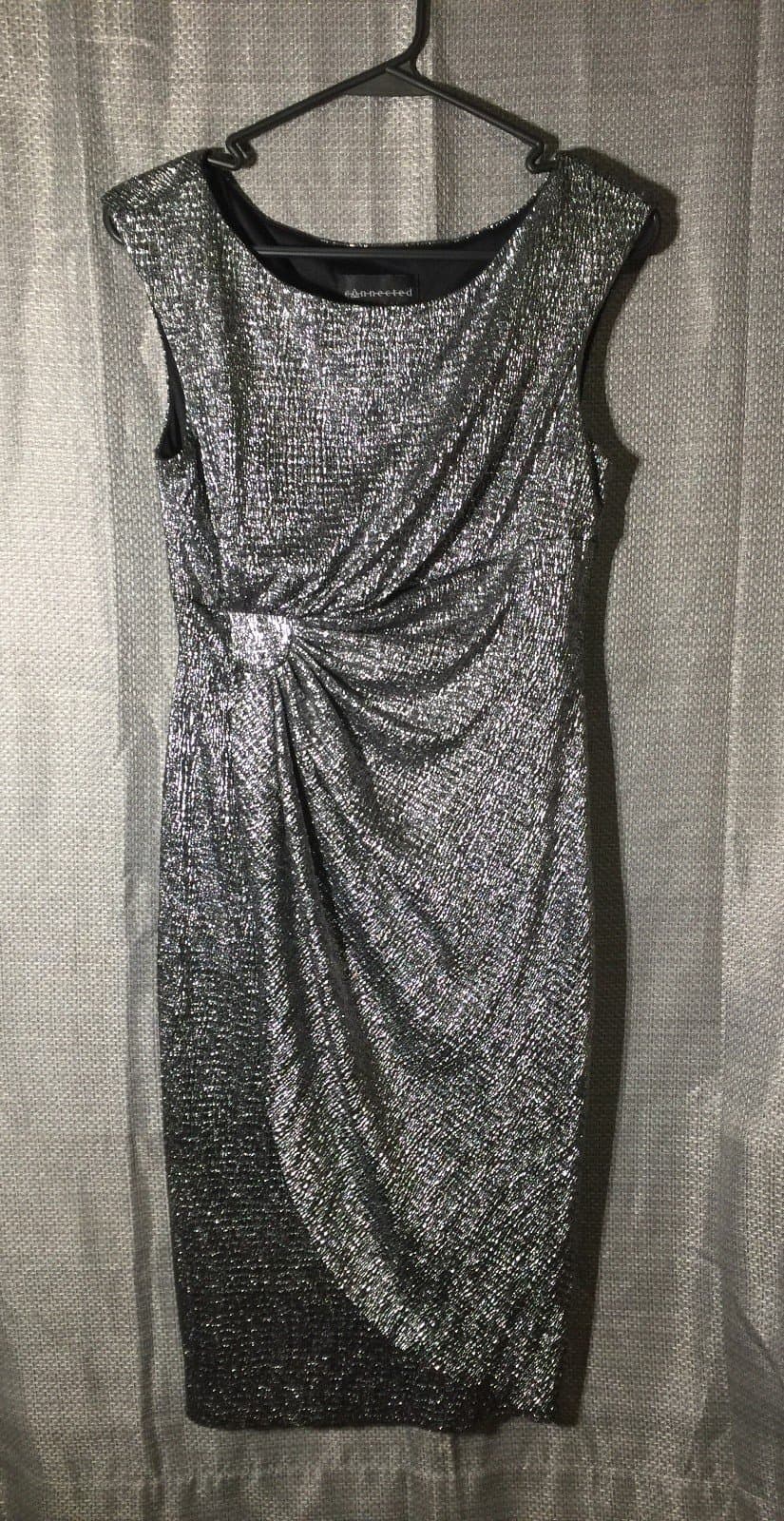 Connected Apparel Lisa Sliver Shimmer Sleeveless Faux Wrap Side Ruched Dress - Image 1
