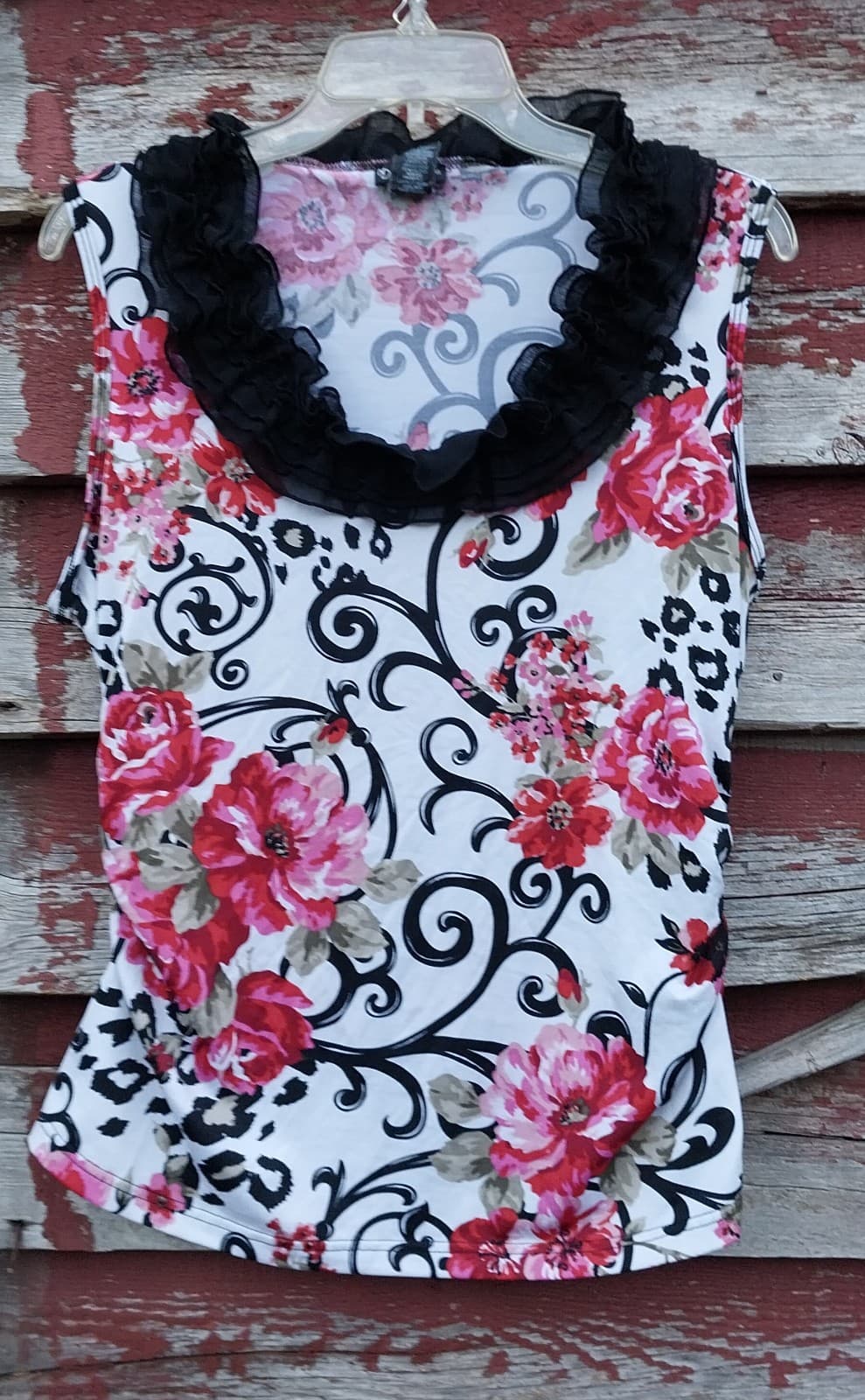 New Directions Ruffle Blouse Top Sleeveless Shirt Red Pink Black Large - Image 1