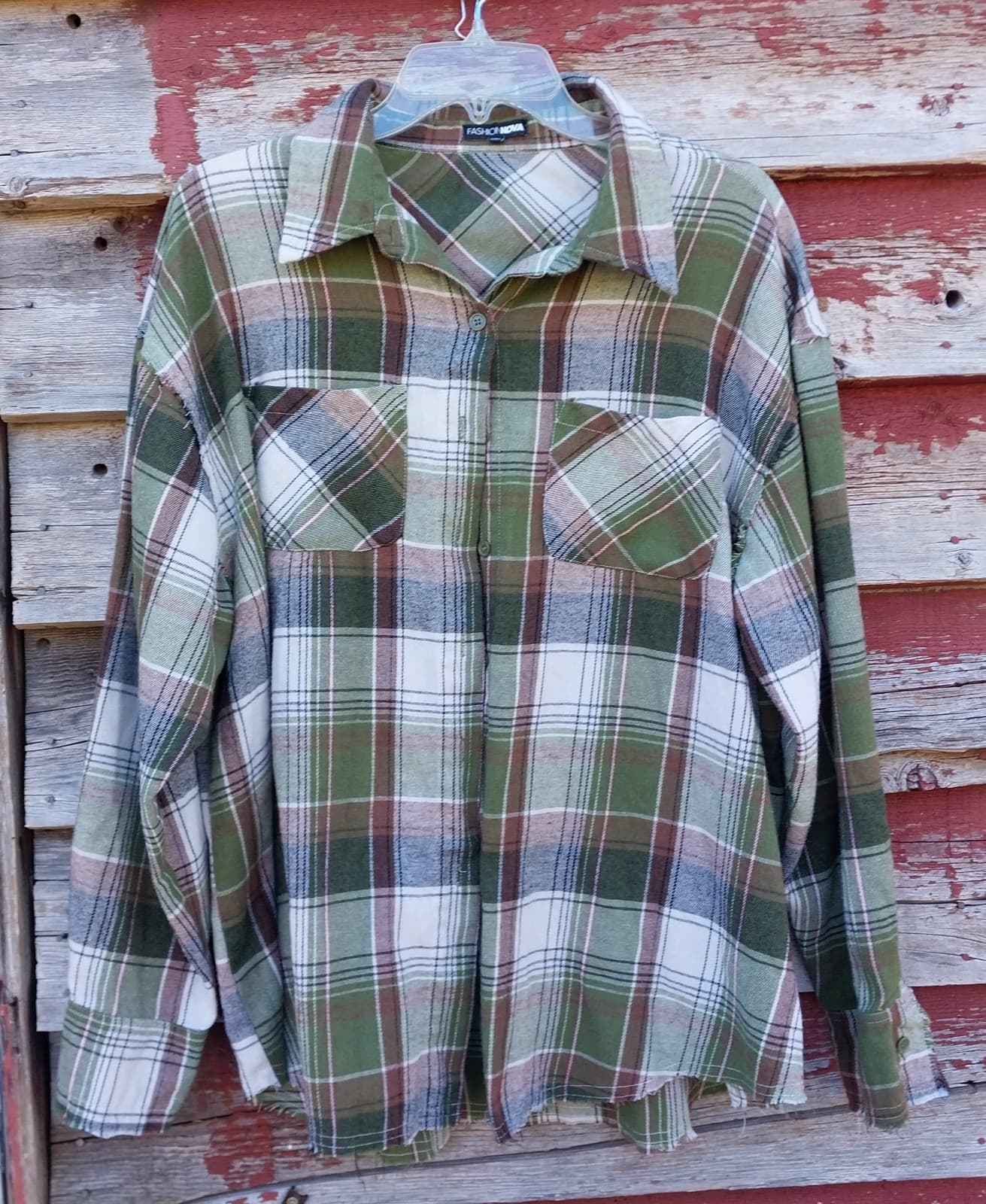 Fashion Nova Womens Everglades Plaid Shirt Green Button Down Oversized Large - Image 1