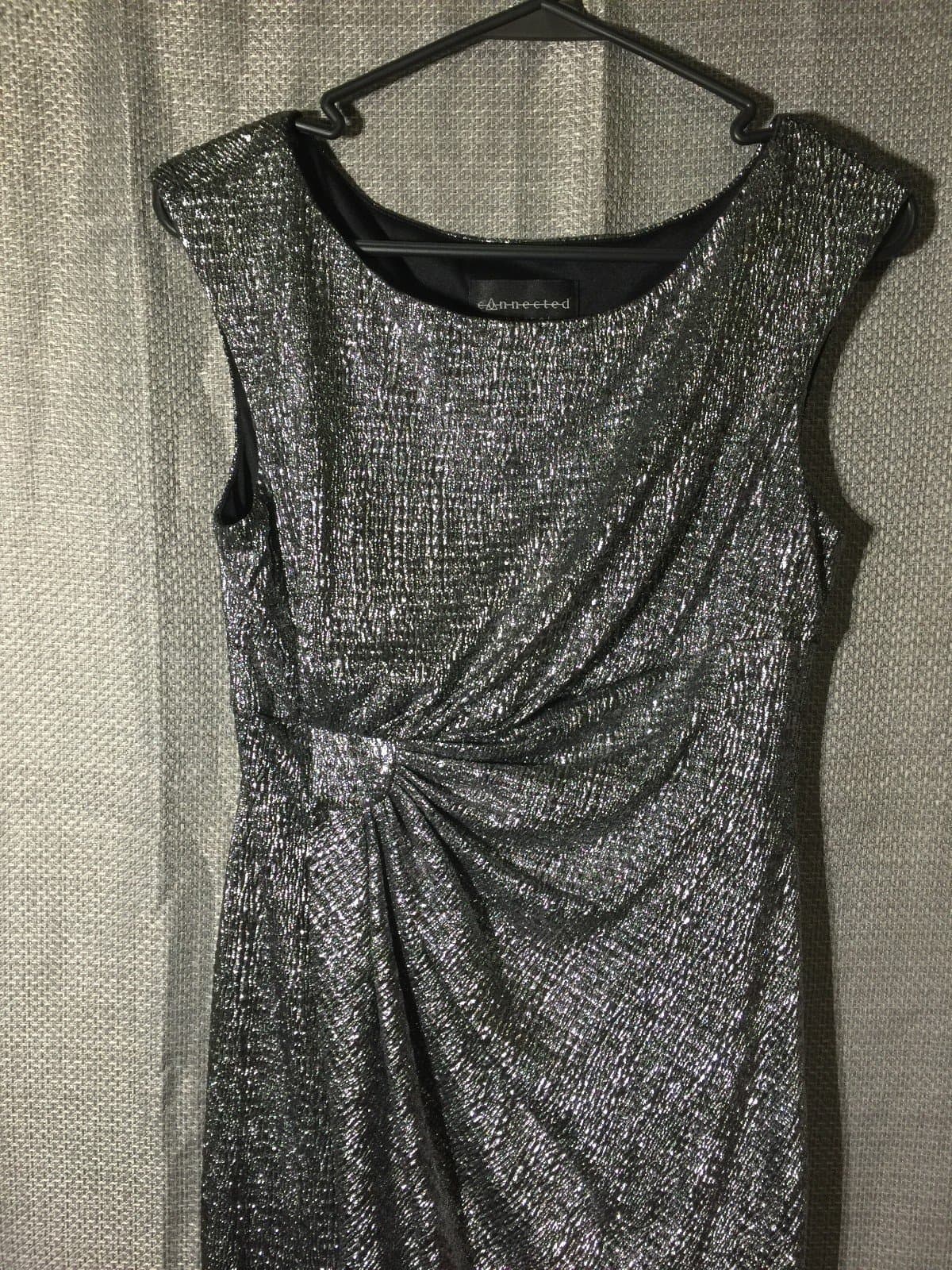 Connected Apparel Lisa Sliver Shimmer Sleeveless Faux Wrap Side Ruched Dress - Thumbnail 2