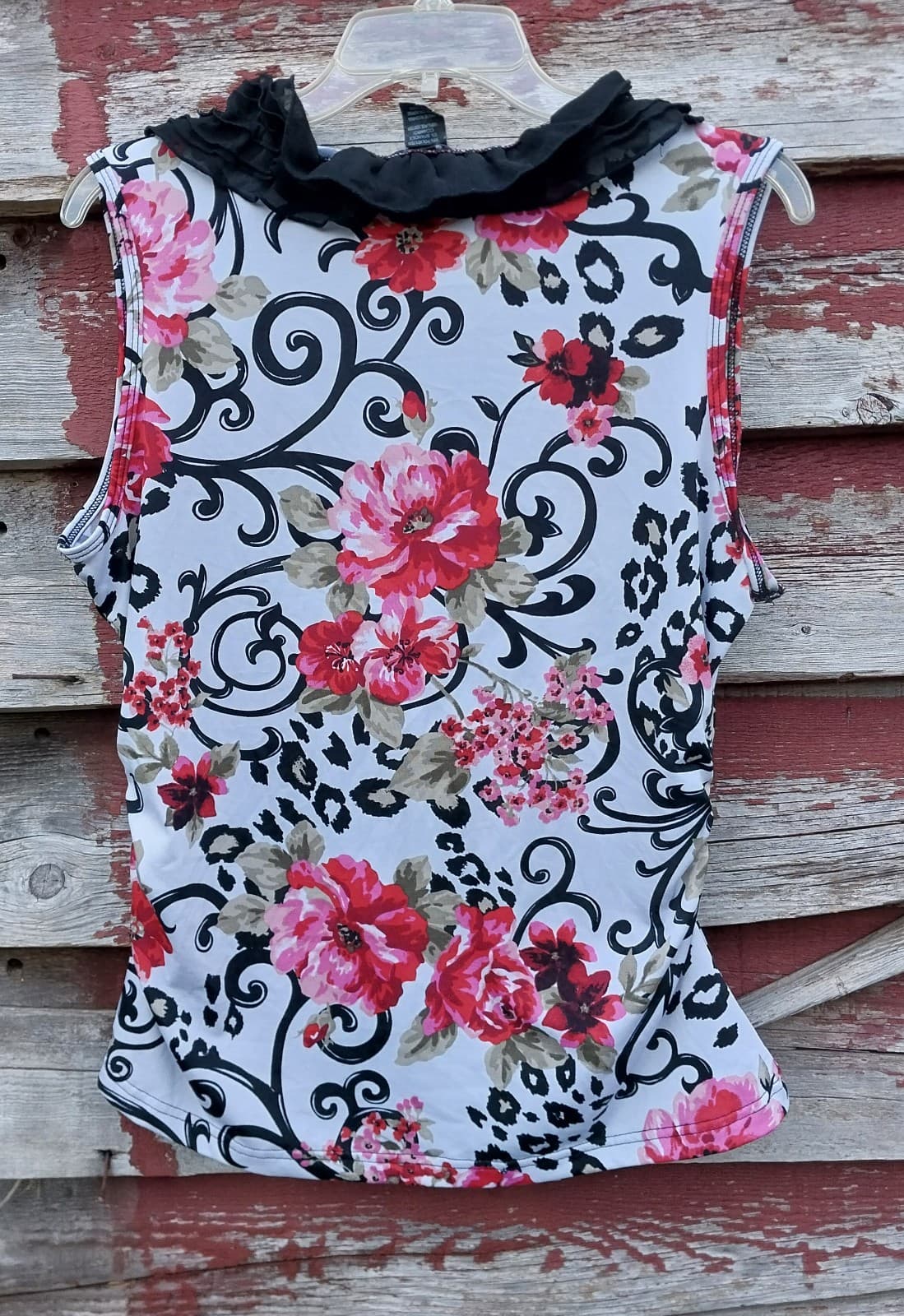 New Directions Ruffle Blouse Top Sleeveless Shirt Red Pink Black Large - Thumbnail 2