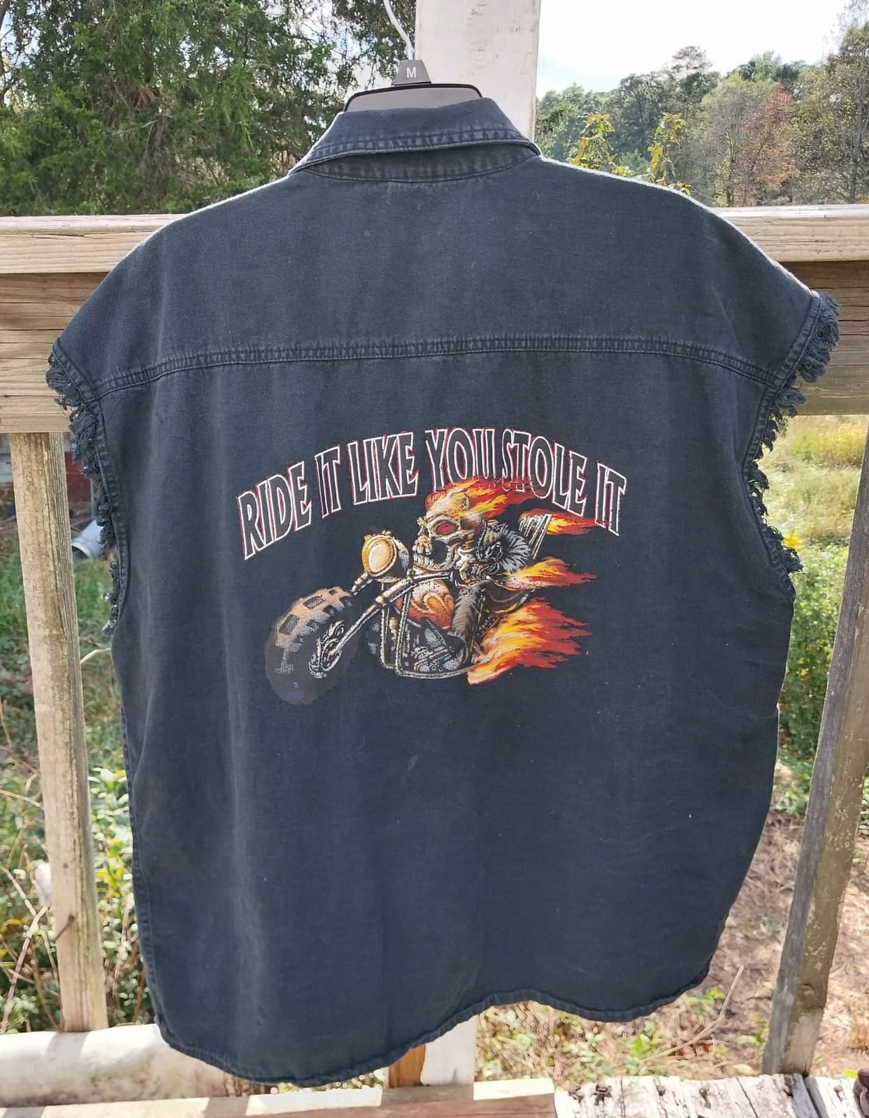 Coast Mens Ride It Like You Stole It. Motorcycle Acid Washed Denim Biker Shirt. - Image 1