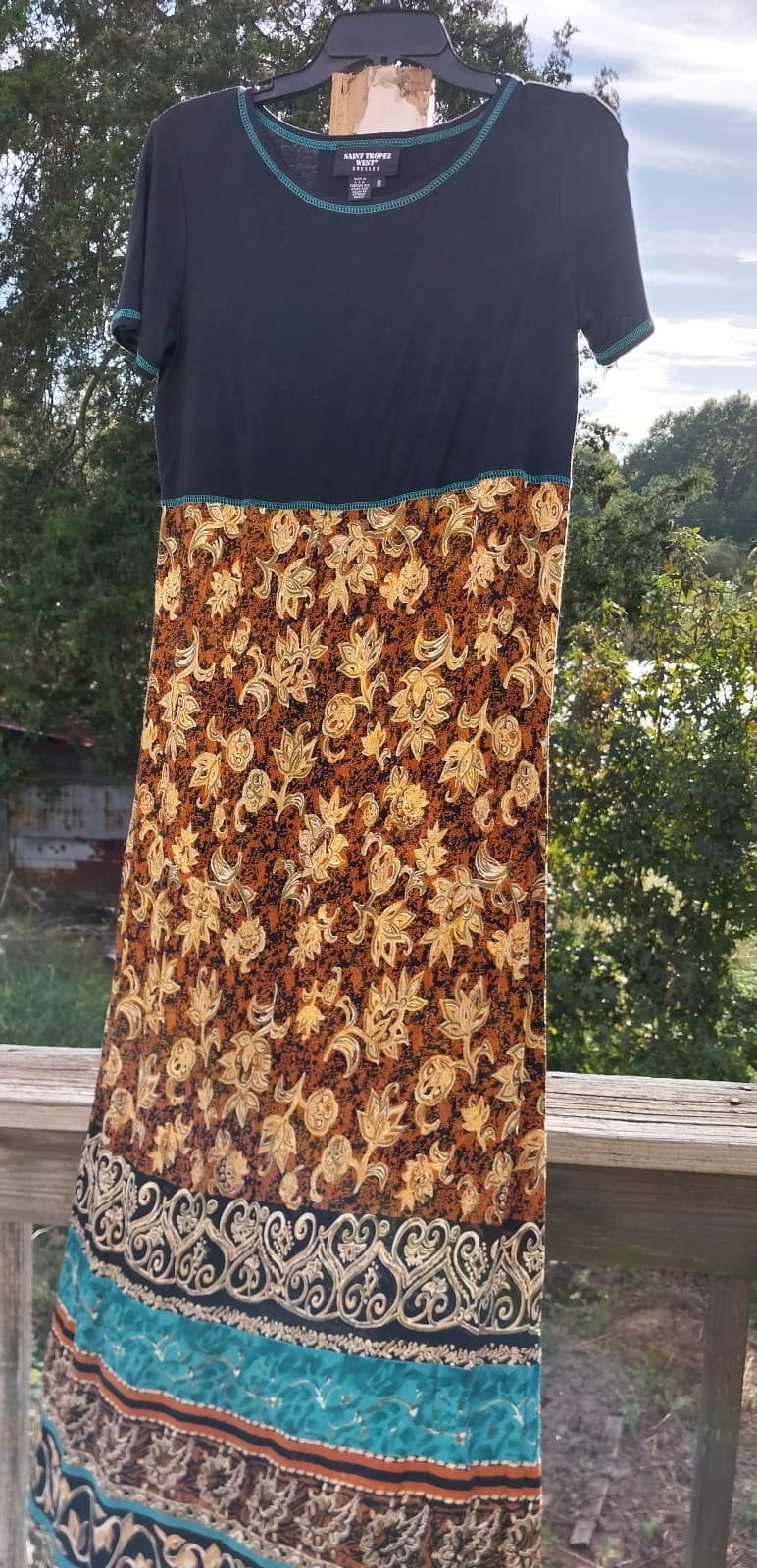 Vintage Saint Tropez West Rust Mixed Print Short Sleeve Dress. Size 8 - Image 1