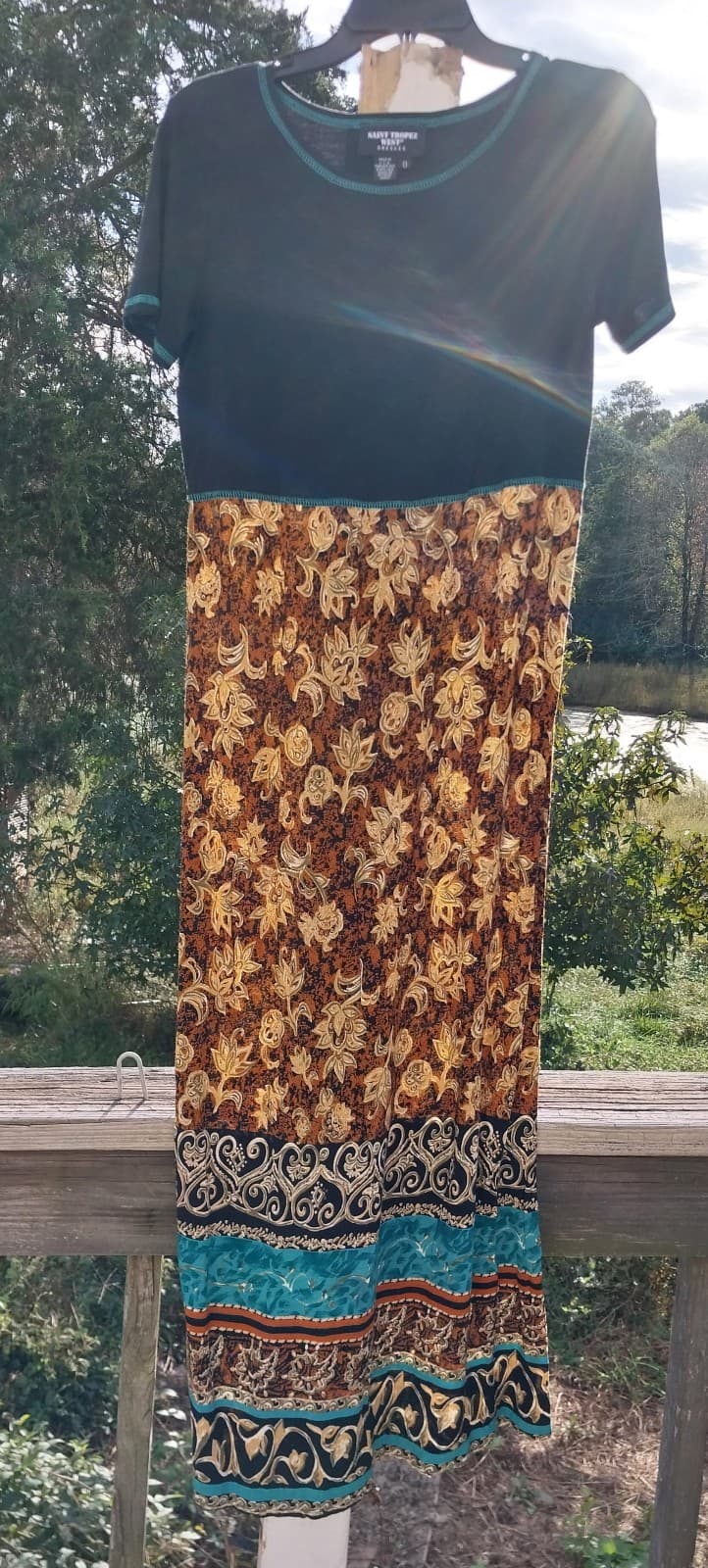 Vintage Saint Tropez West Rust Mixed Print Short Sleeve Dress. Size 8 - Thumbnail 2