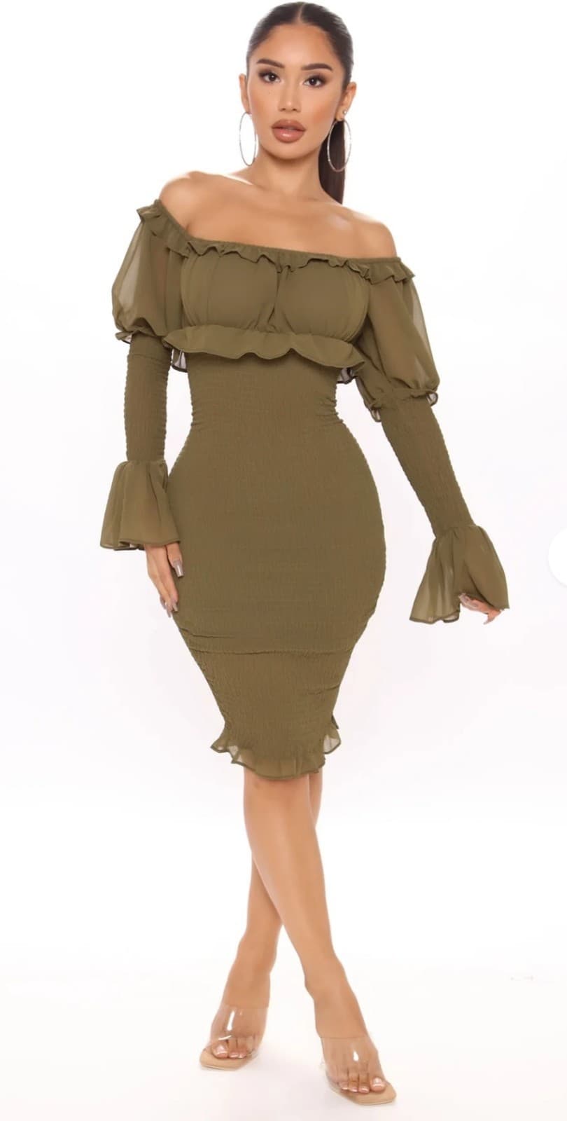 Fashion Nova Kiss Me Smocked Midi Dress - Olive - Image 1