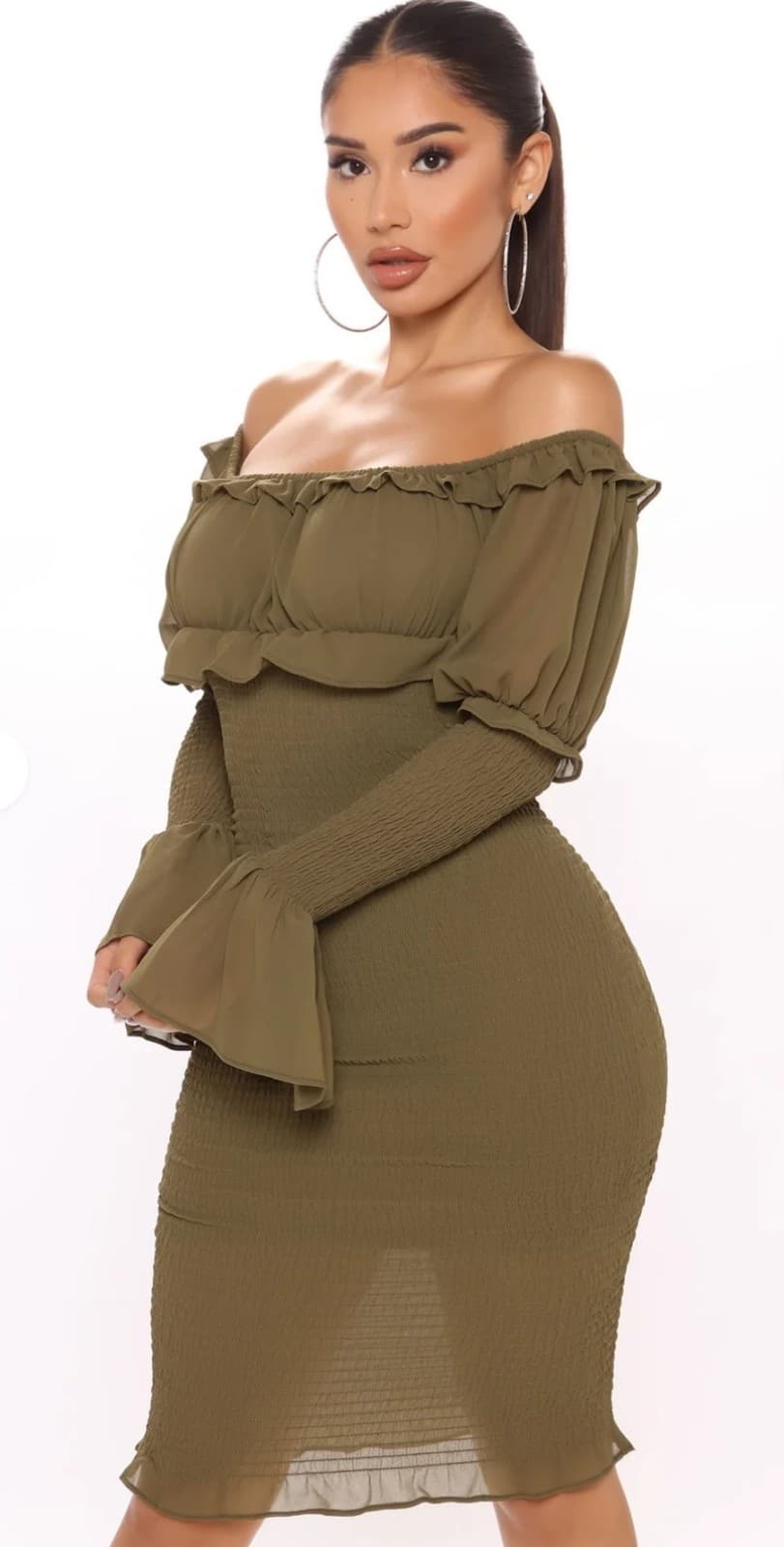 Fashion Nova Kiss Me Smocked Midi Dress - Olive - Thumbnail 2
