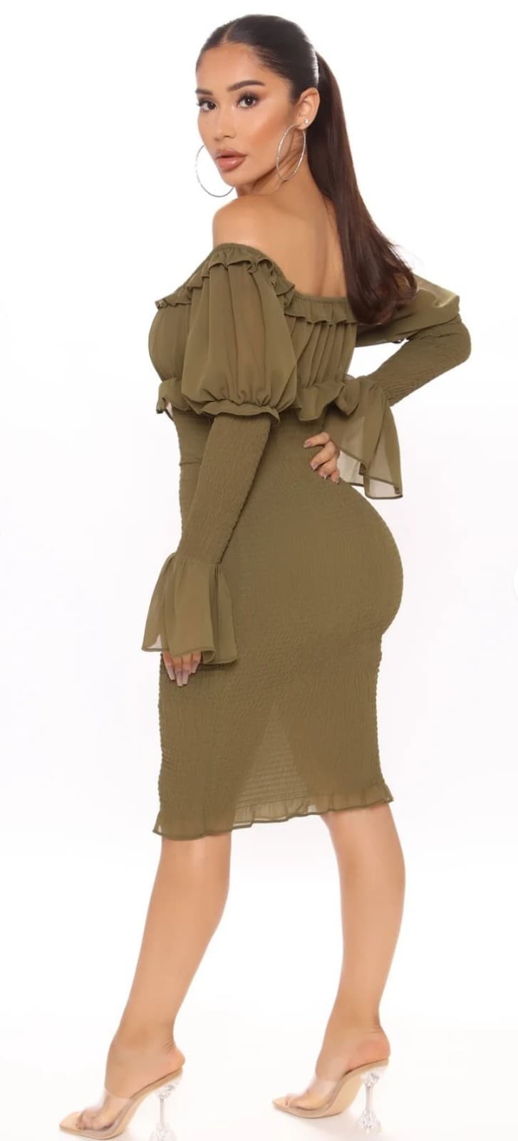 Fashion Nova Kiss Me Smocked Midi Dress - Olive - Thumbnail 3