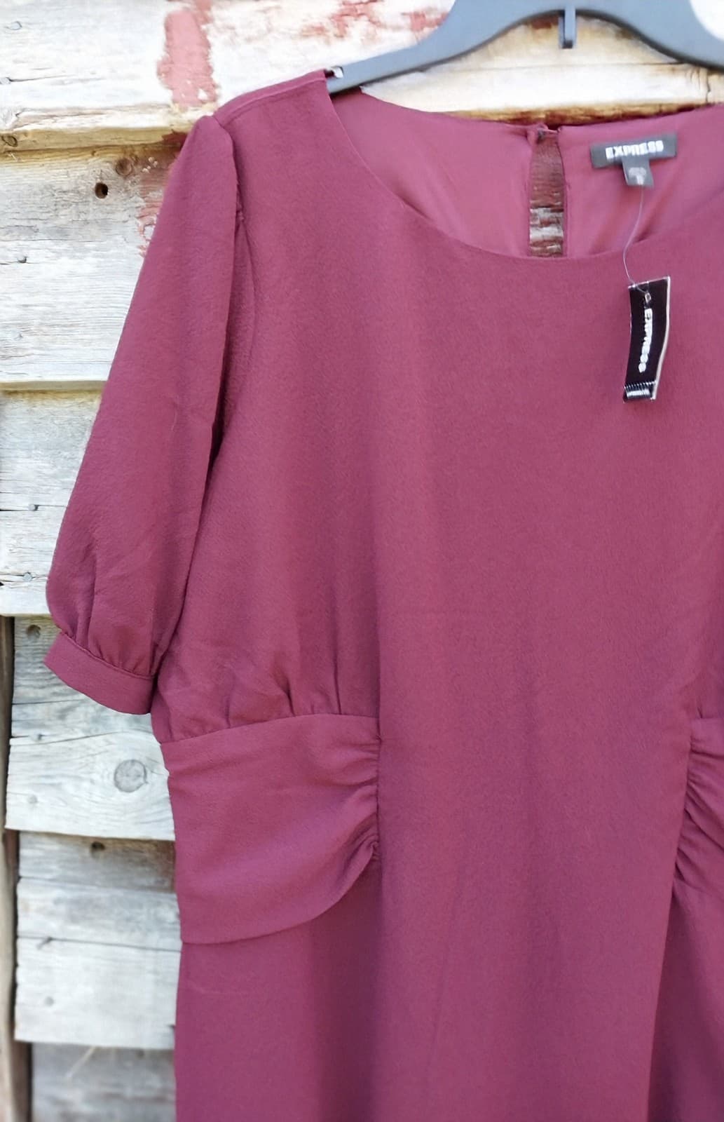 Express Sheath Dress Burgundy 100% Polyester Puff Sleeve Women's Size XL - Thumbnail 3