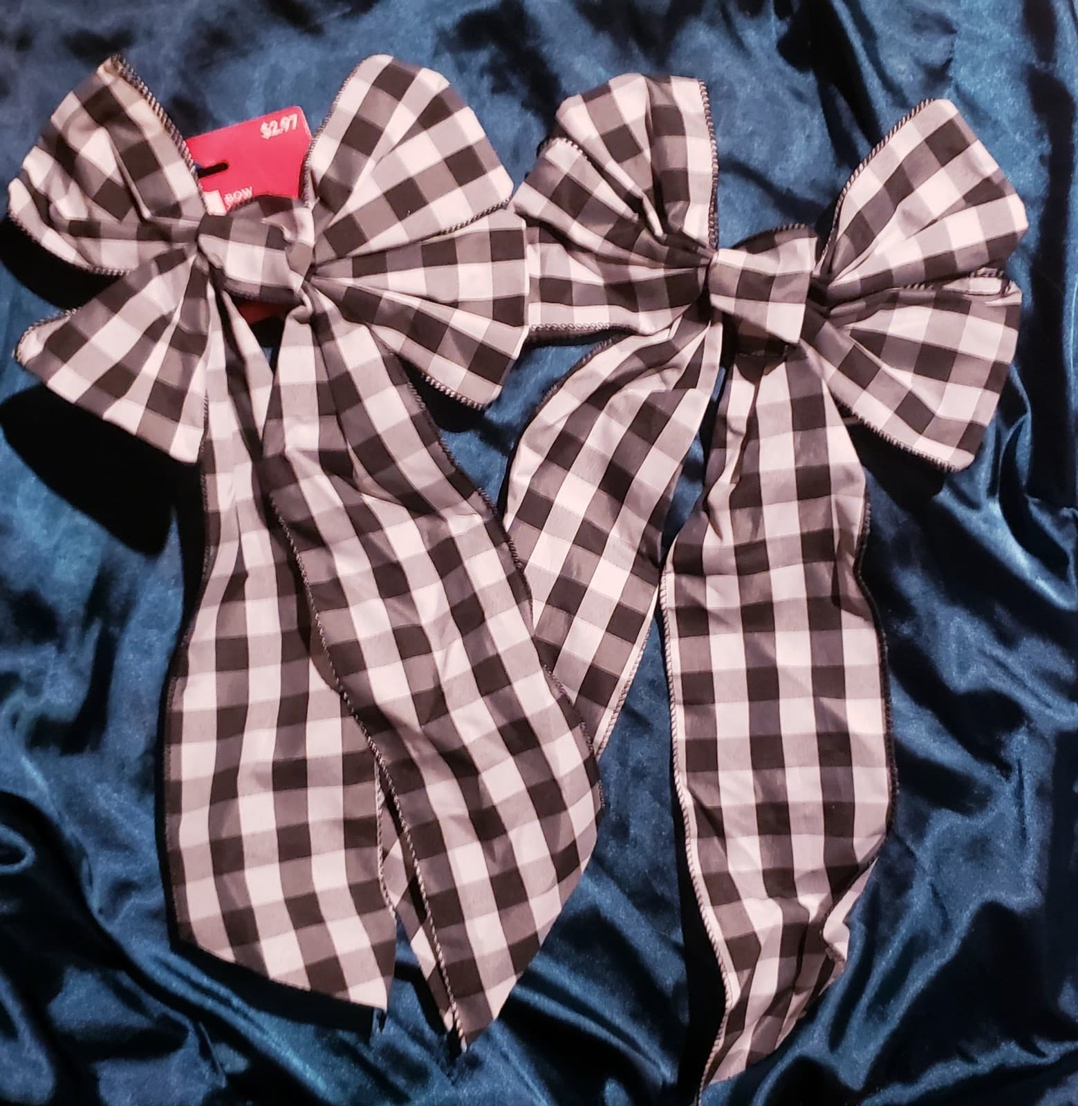 2 Black and White Buffalo Checkered Long Tail Bows, 19.5 in, by Holiday Time - Image 1