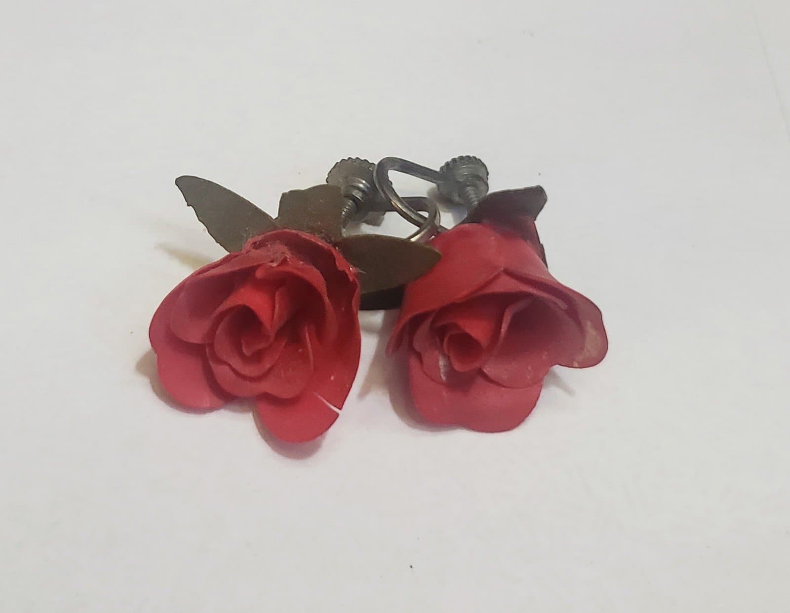 Vintage Red Rose Earrings 1950s Screw Backs - Image 1