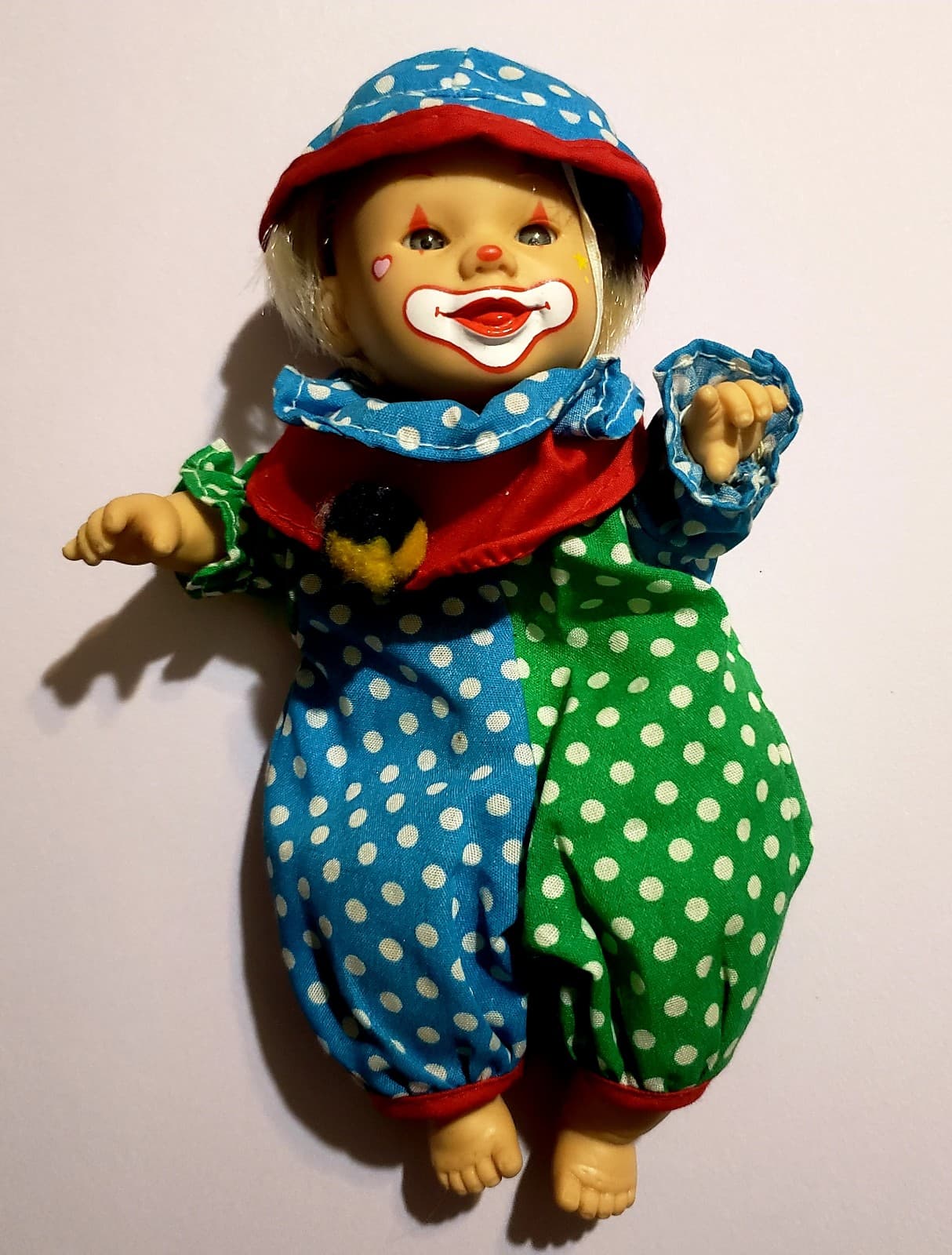 Vtg Palm Dolls 7” Beanie Clowns Series 2 Gigo Toys Happy Blue Green Polka Dots - Image 1