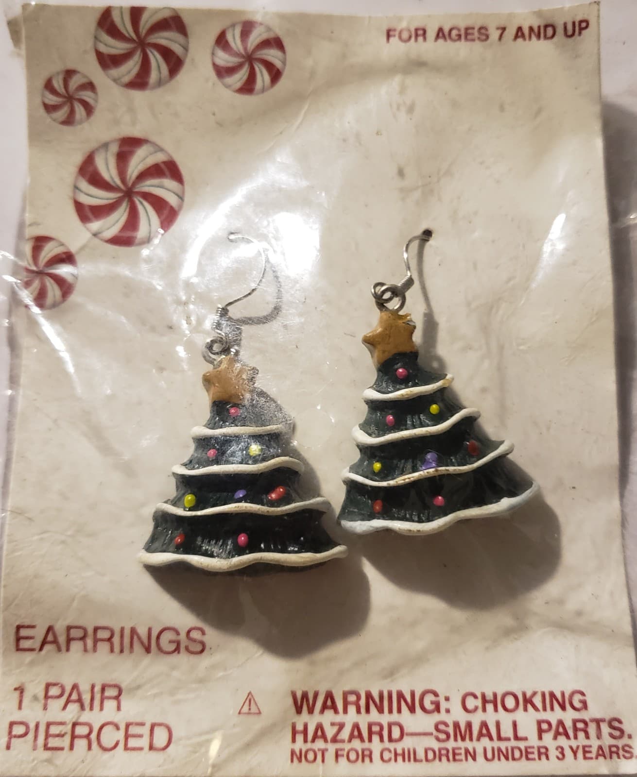 Christmas Silver Tone Green Plastic Tree Dangle Pierced Earrings 1.5" - Image 1