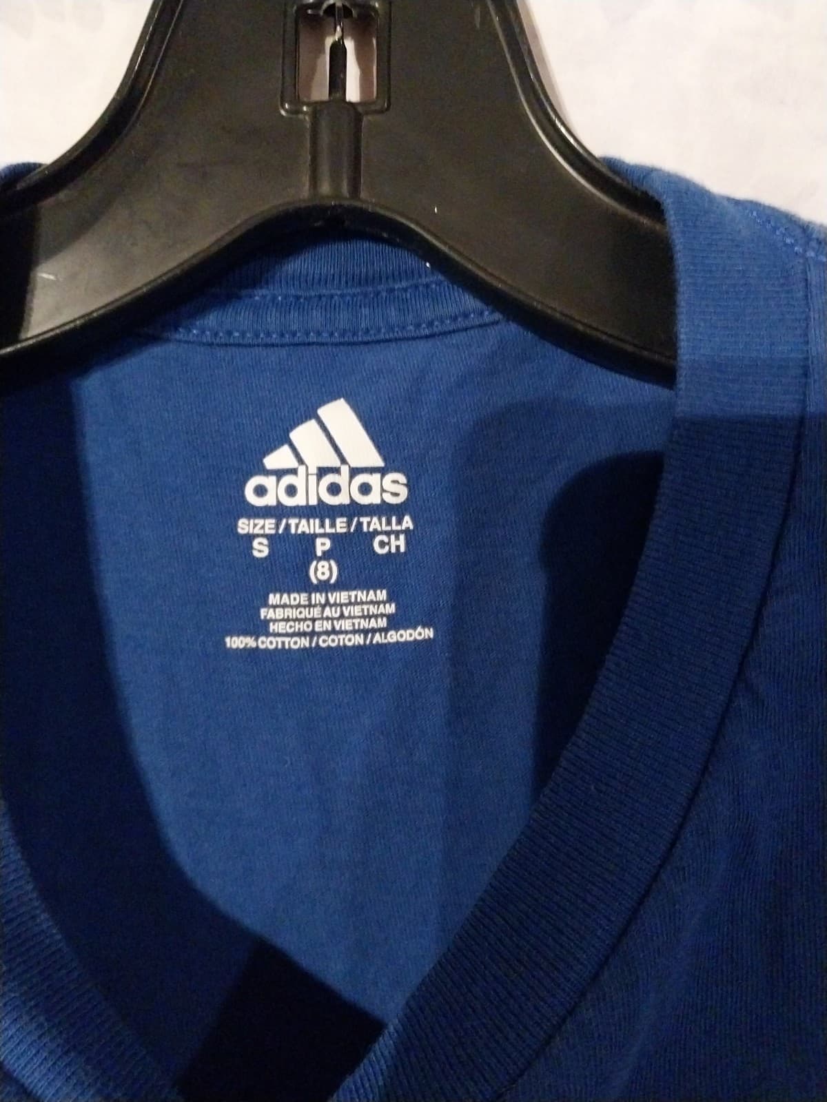 Adidas Blue Shirt. Size Youth Small 8. Has stain on upper part of shirt. - Thumbnail 2
