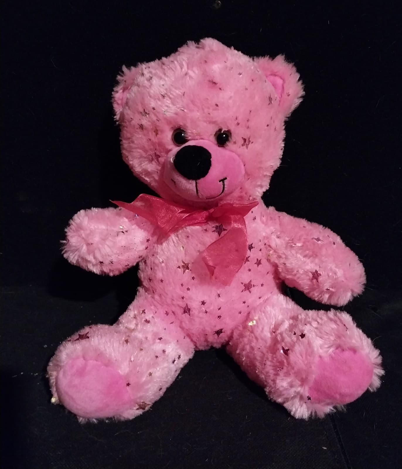 BMI 10" Bright Pink Teddy Bear Sparkly Shiny Rainbow Stars & Sheer Bow Plush - Image 1