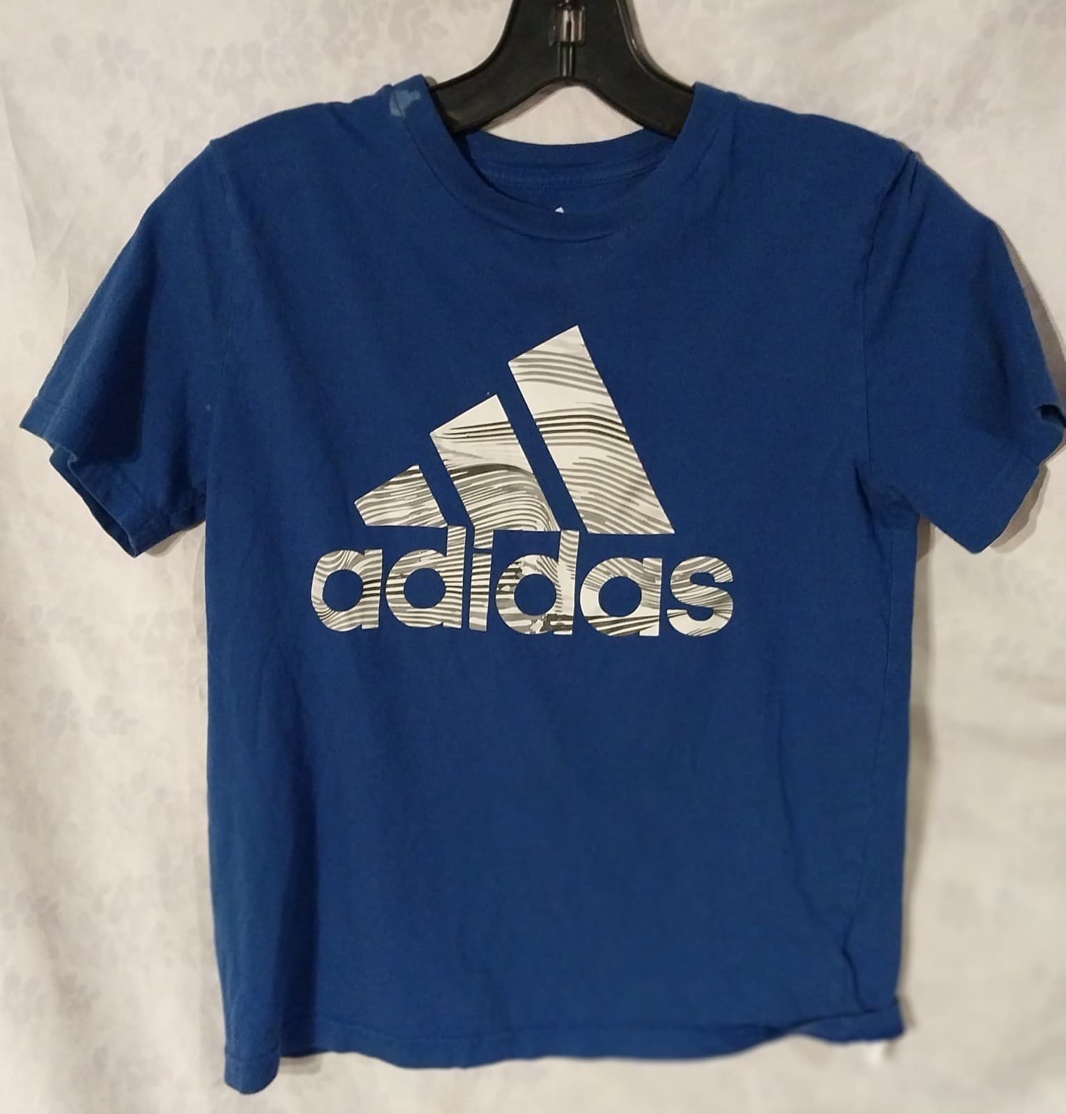 Adidas Blue Shirt. Size Youth Small 8. Has stain on upper part of shirt. - Image 1