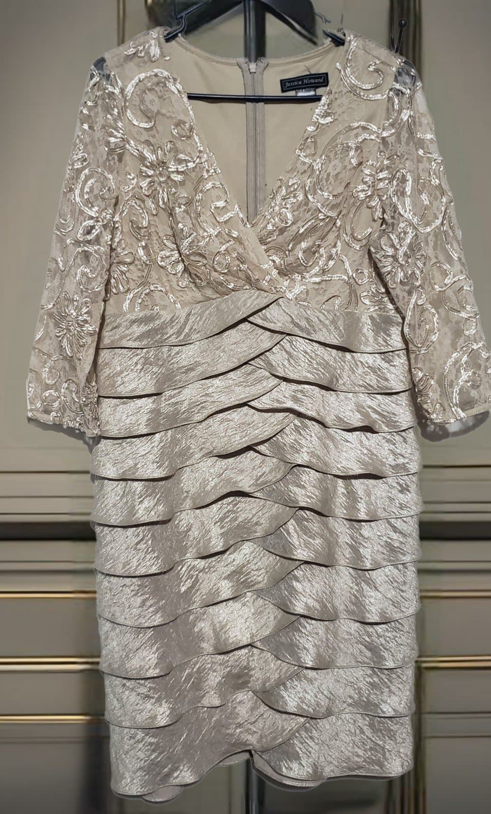 Jessica Howard Dress Cocktail Beige Lace Ruffle Tiered Size 14P Formal Wedding - Image 1