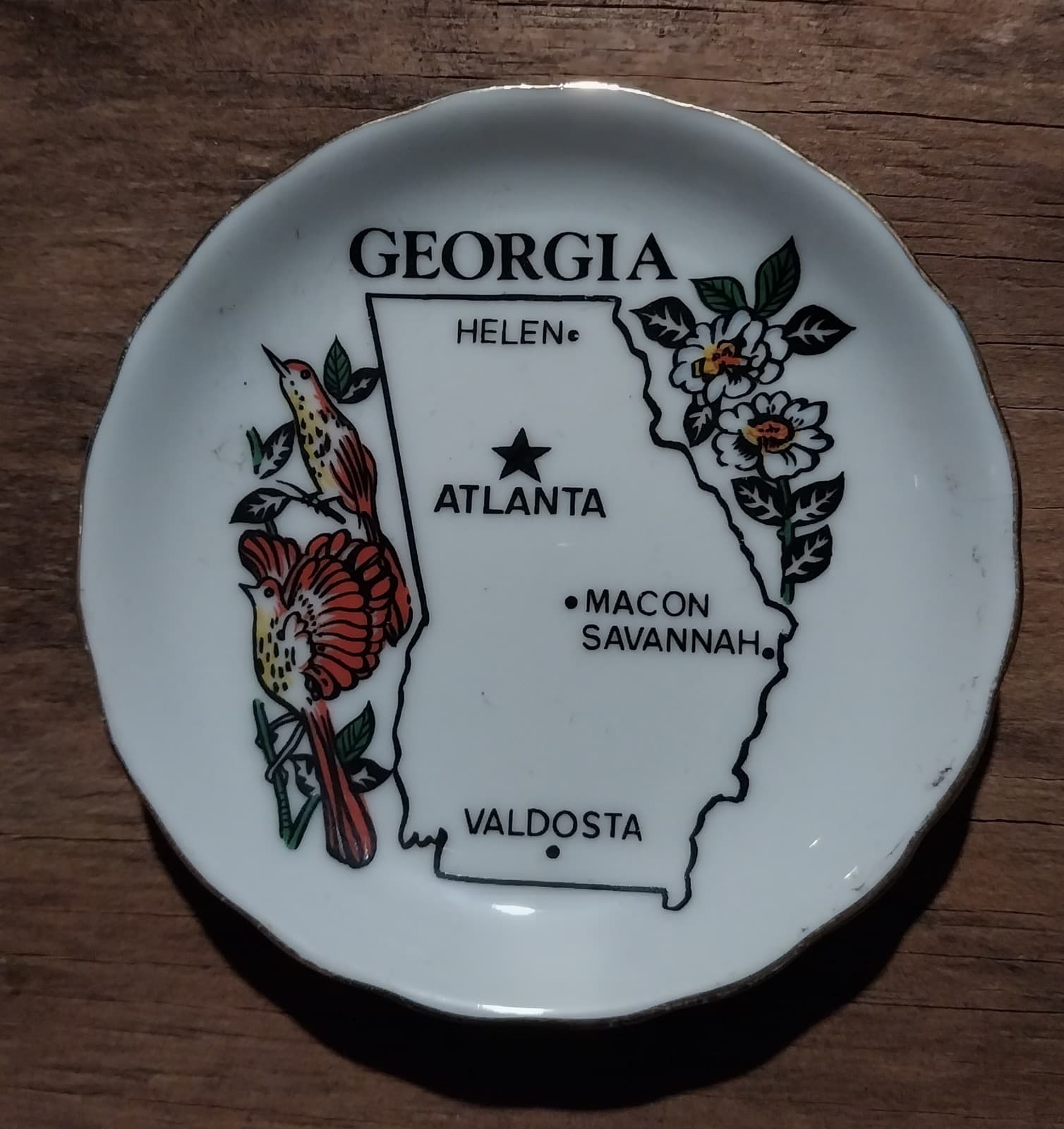 GEORGIA PLATE BIRD & FLOWER WITH GOLD TRIM. 3.5" Diameter - Image 1